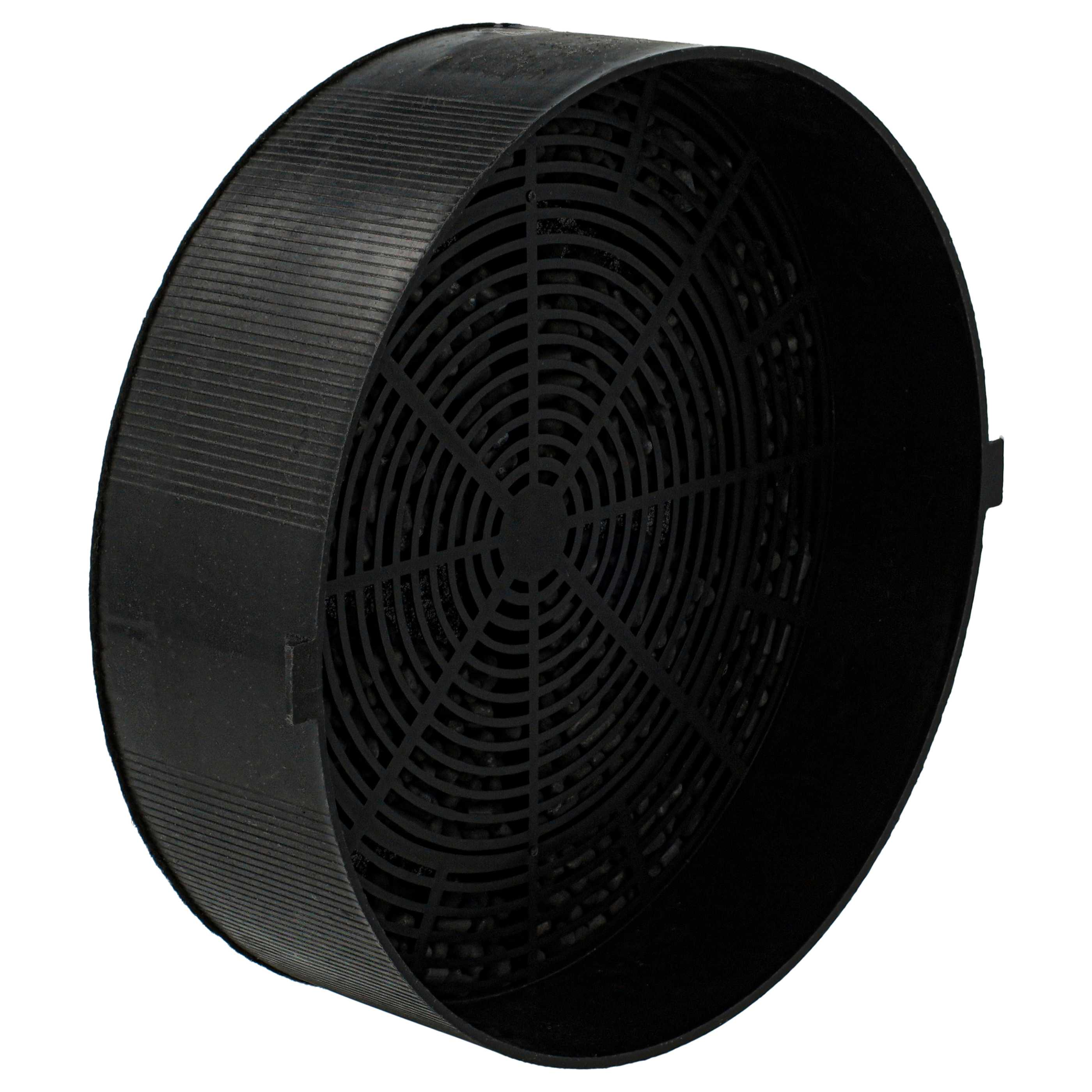 Schwarzer runder Luftfilter mit geschwungenem Design.