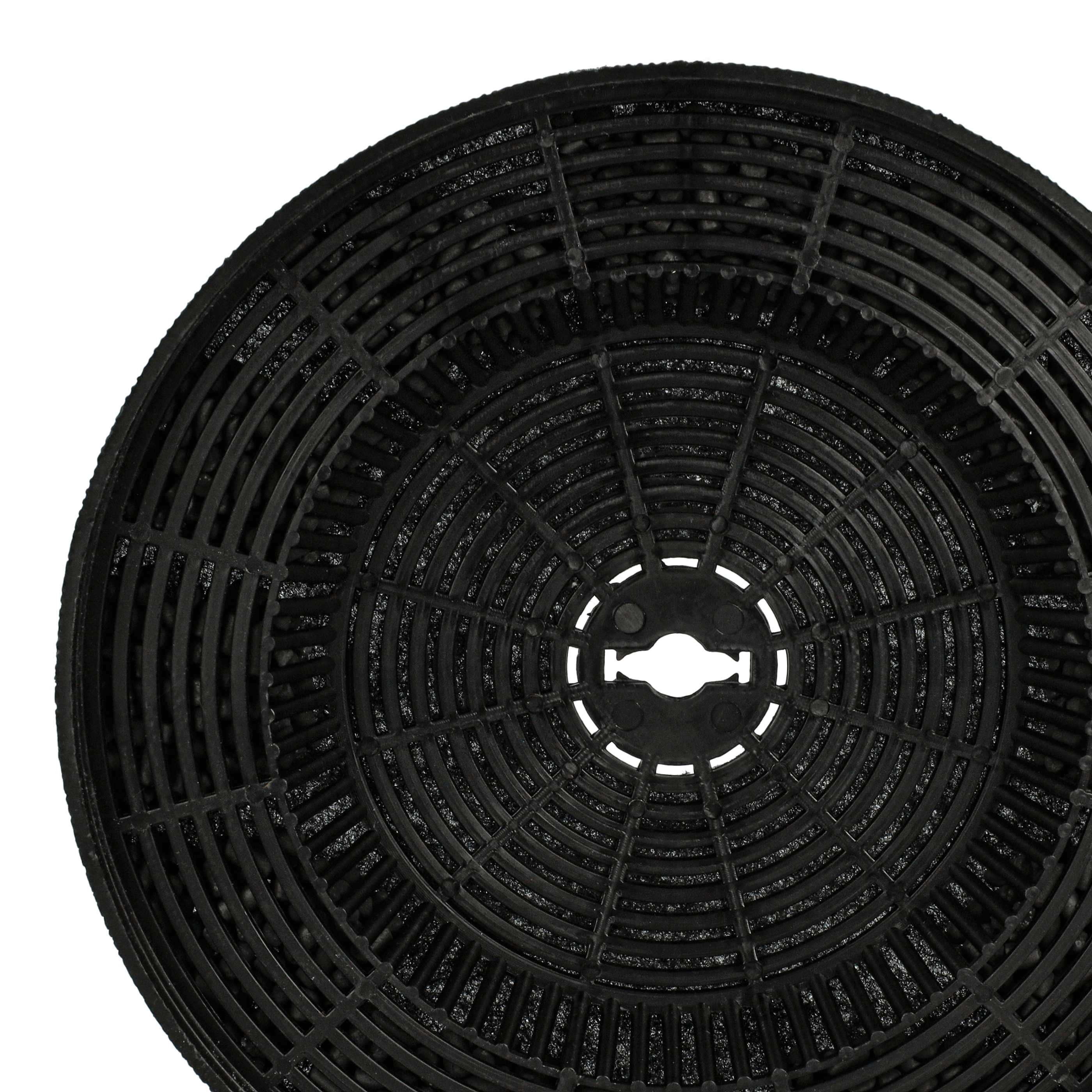 Nahaufnahme eines schwarzen Aktivkohlefilters mit kreisförmigem Design und zentralem Loch auf Weiß.
