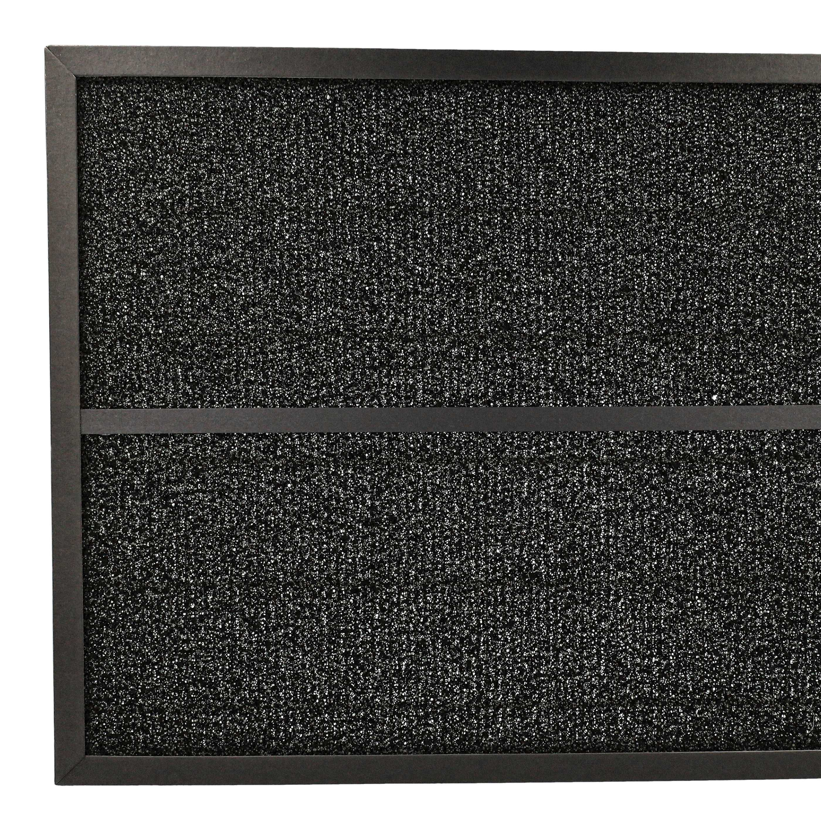 Schwarzer Filter mit schwarzem Rahmen. Der Filter hat eine strukturierte, poröse Oberfläche.