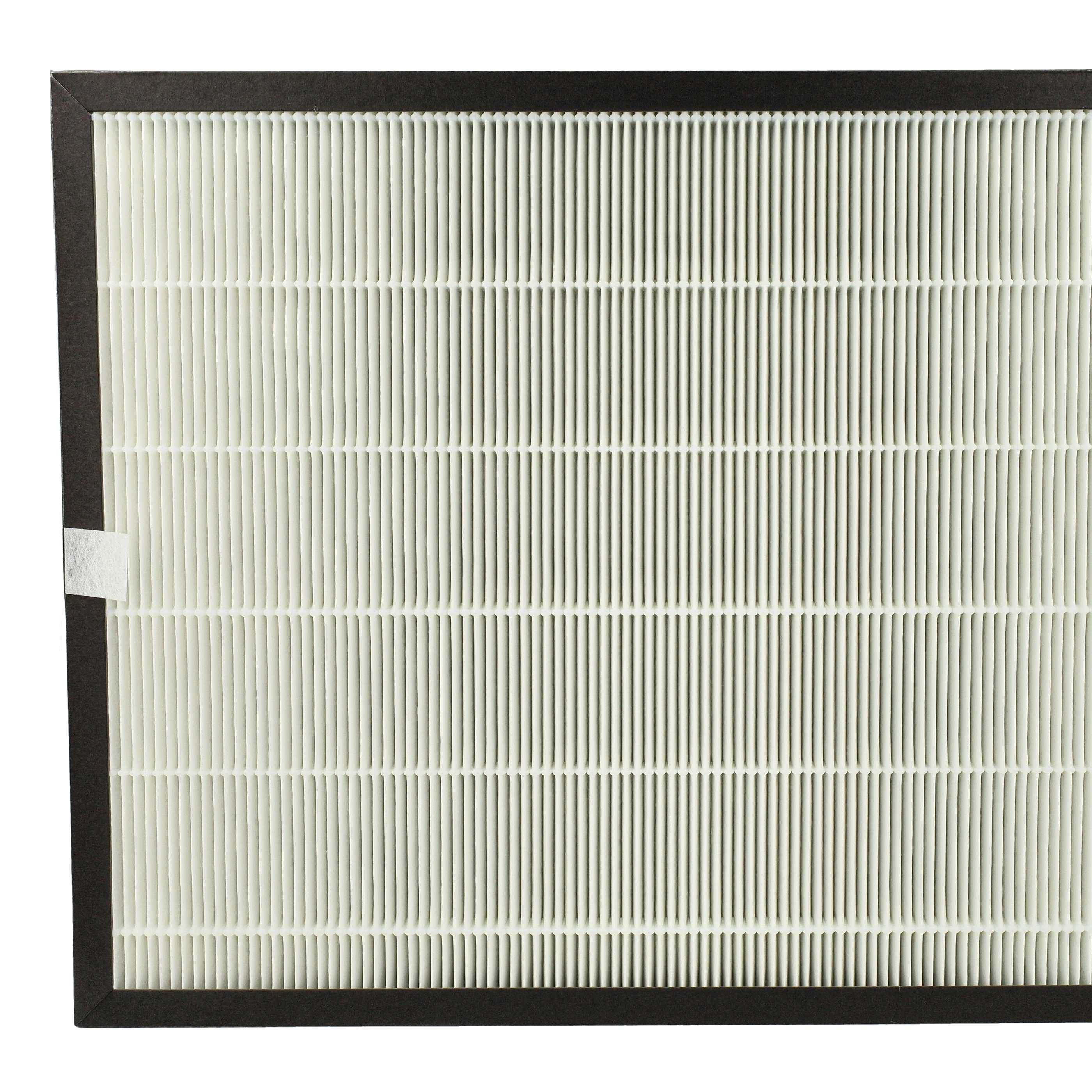 Luftfilter, schwarzer Rahmen und weißer Filter mit vielen vertikalen Linien. Der Filter ist flach.