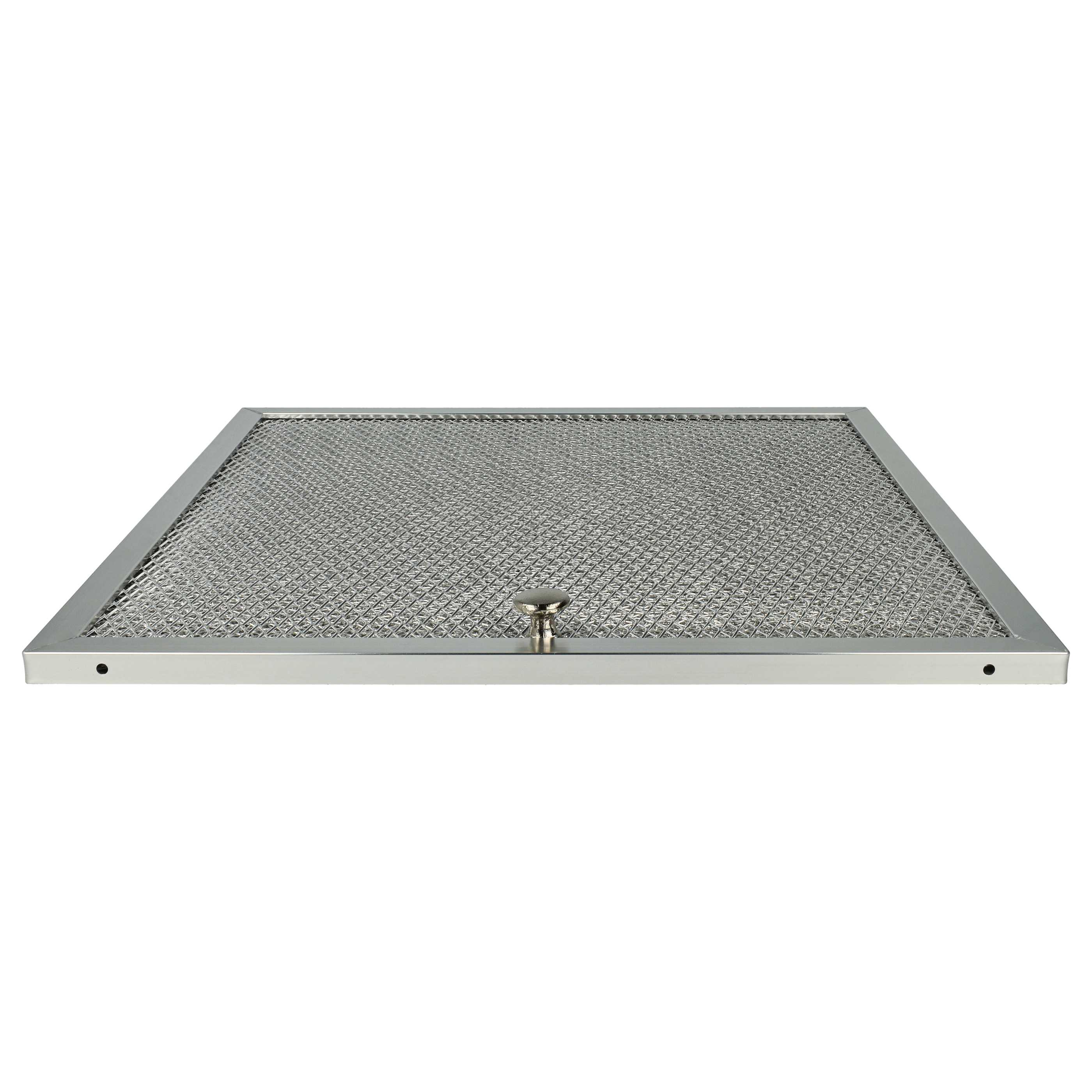 Ein rechteckiger Metallfilter mit Metallrahmen und kleinem zentralen Knopf auf weißem Hintergrund.