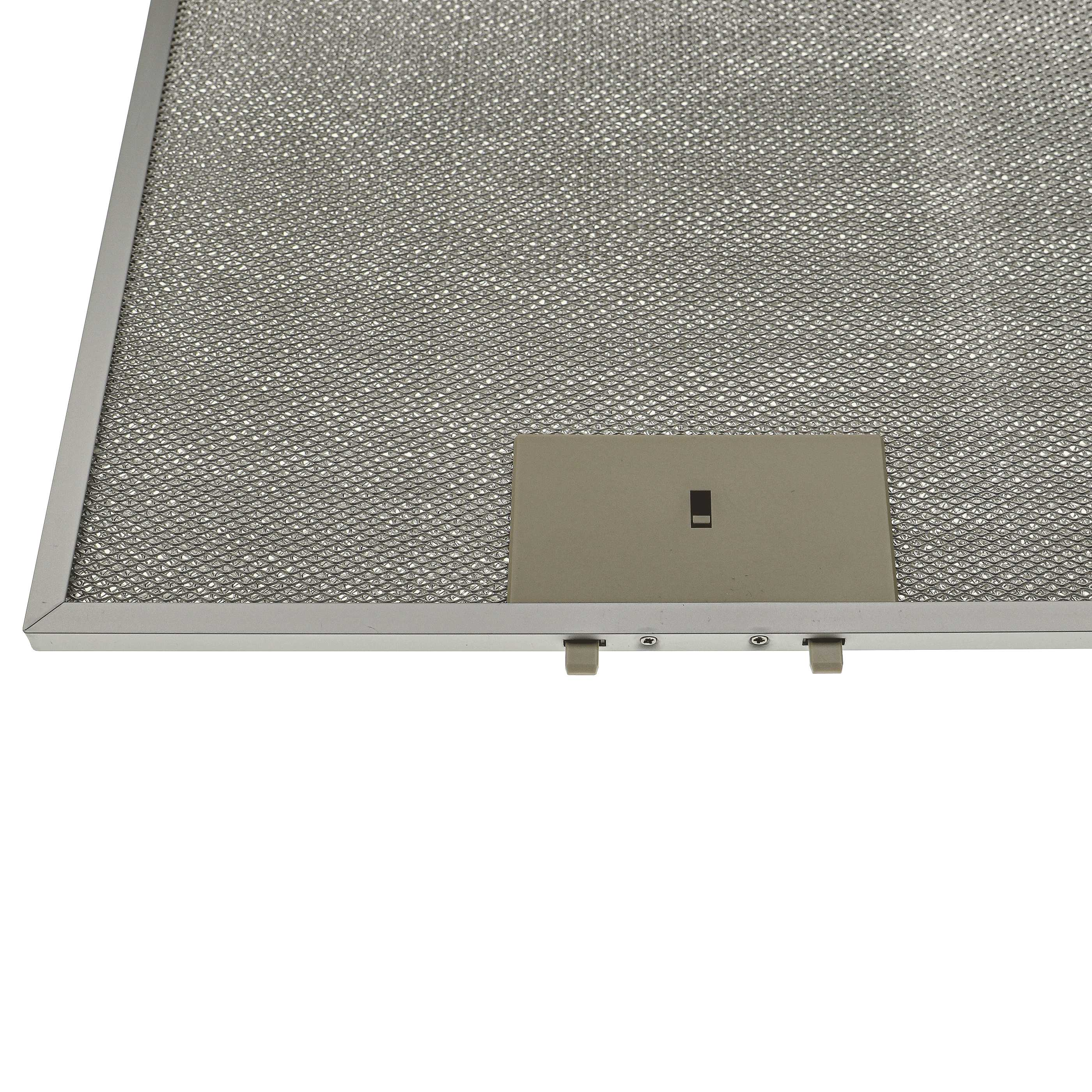Nahaufnahme eines rechteckigen Metallgitterfilters mit grauem Kunststoffgriff und Rahmen.