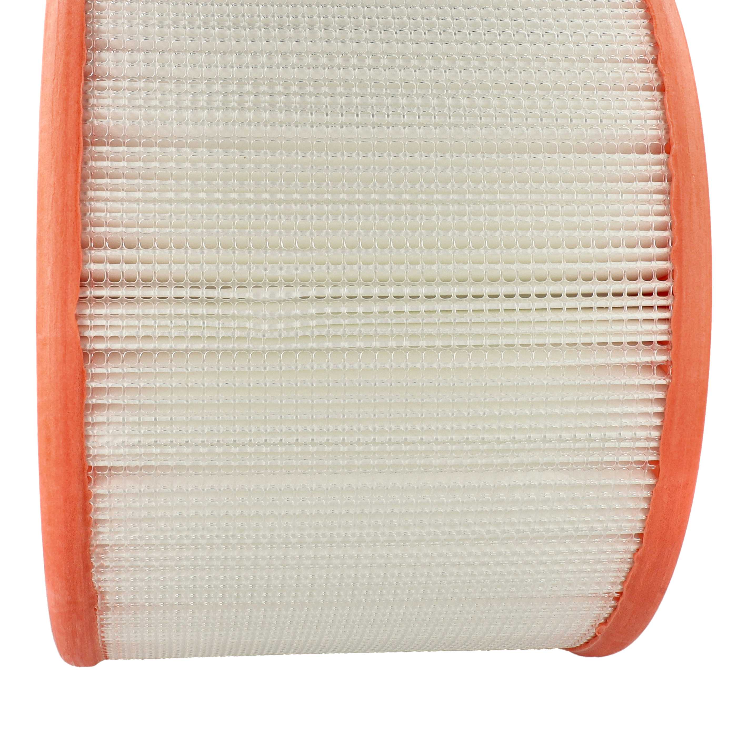 Nahaufnahme eines Luftfilters mit weißem Filtermaterial und orangefarbenen Rändern.