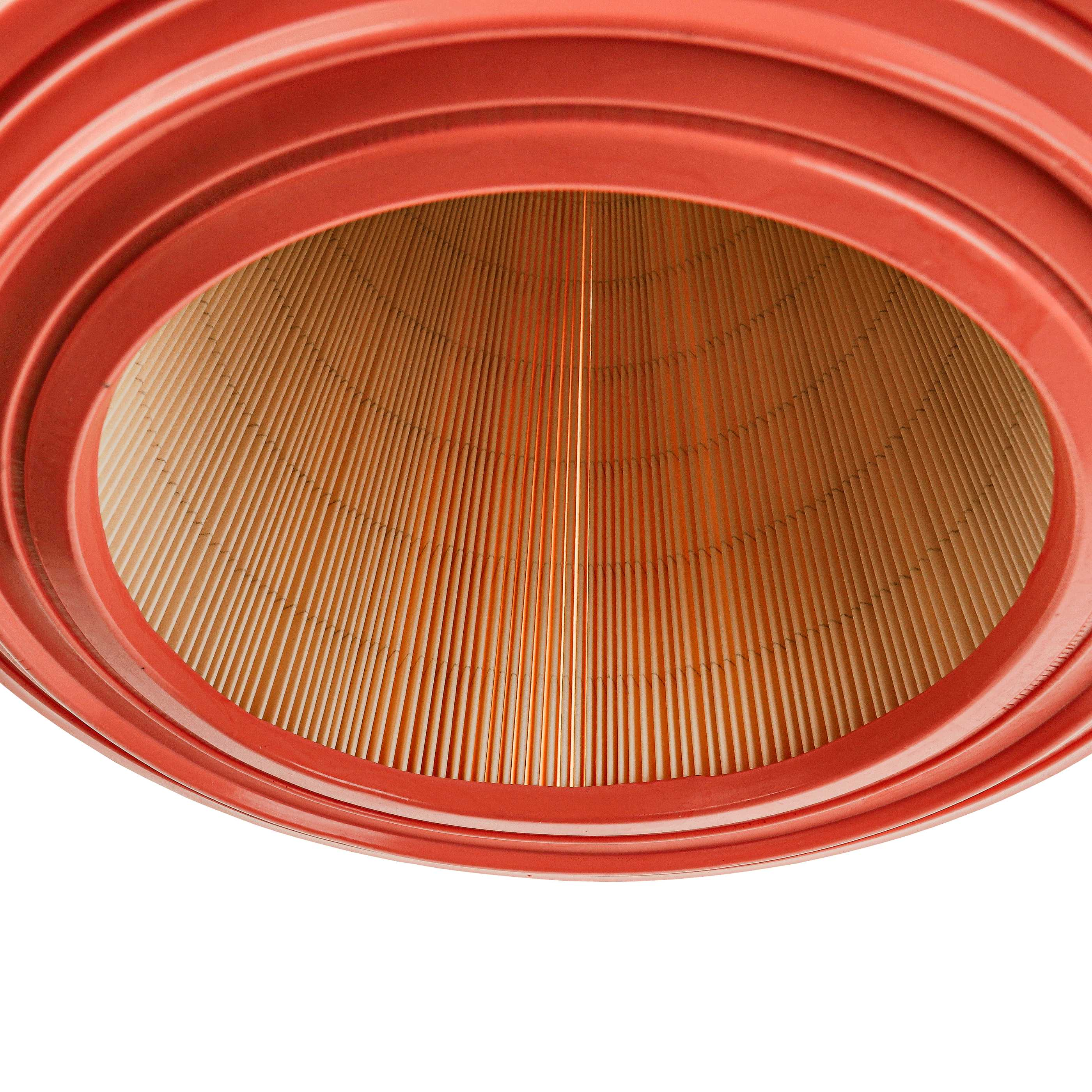 Kreisförmiger Luftfilter mit rotem Rahmen und papierartigem Filter in Ziehharmonika-Form.
