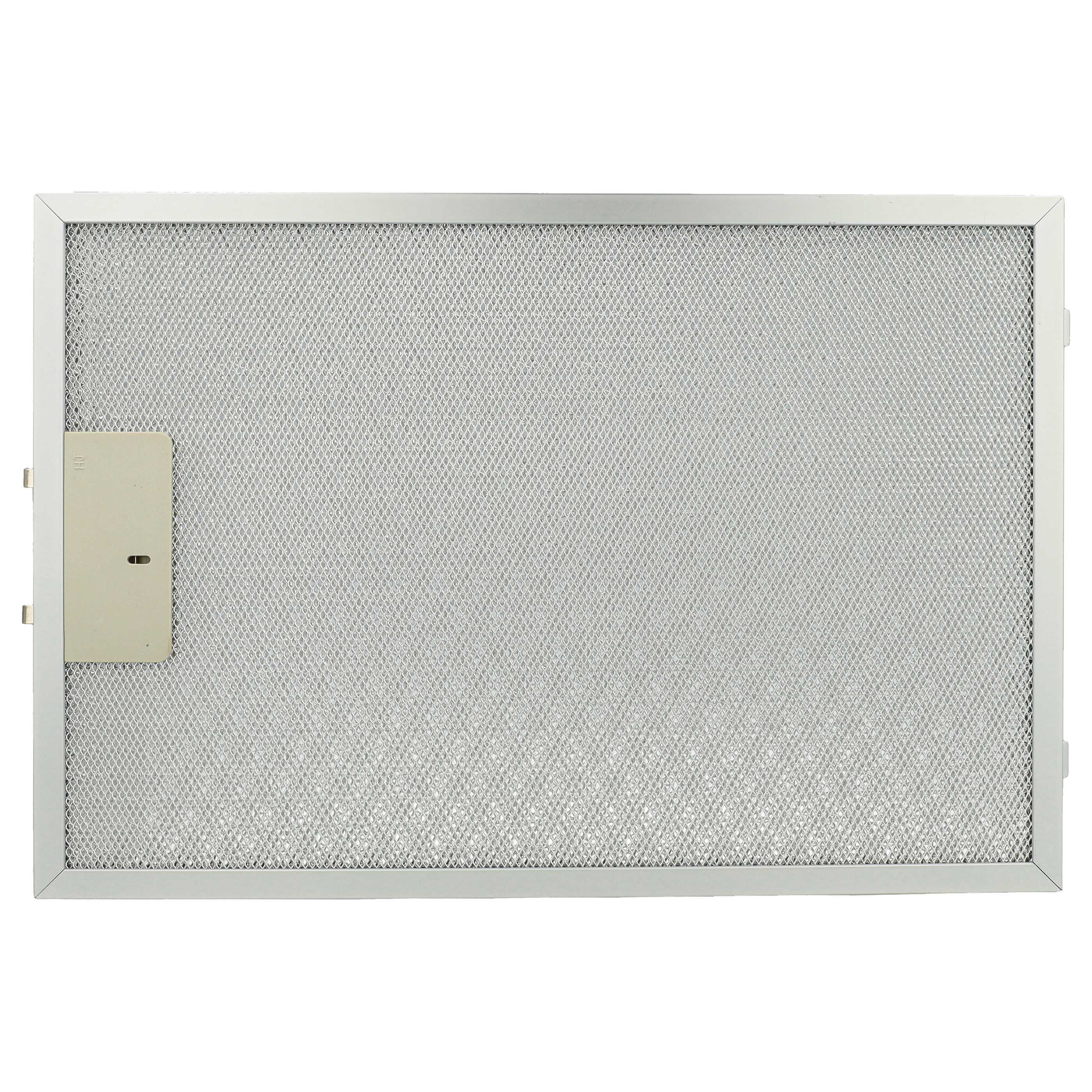 Ein rechteckiger Metallgitterfilter mit weißem Rahmen und einer kleinen weißen Box auf der linken Seite.