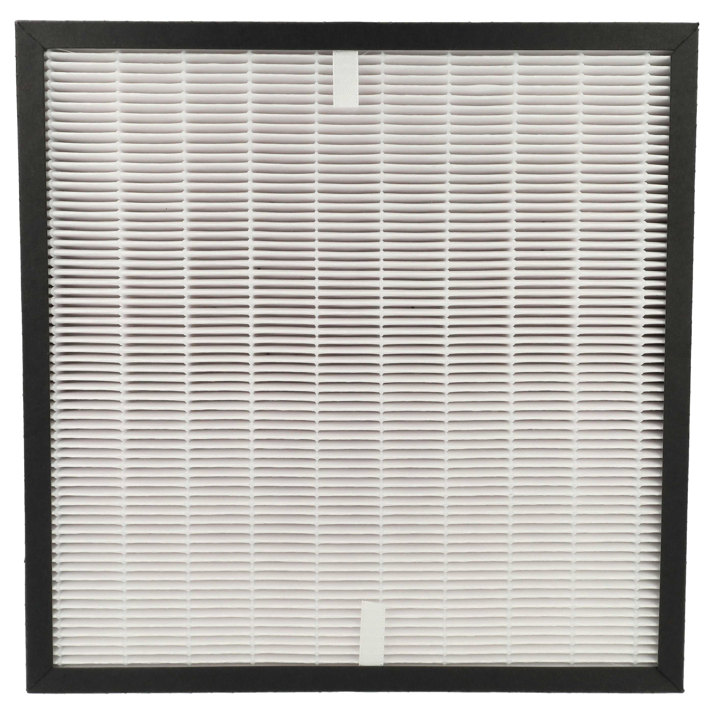 Quadratischer Luftfilter mit schwarzem Rahmen. Der Filter hat weißes Faltenmaterial.