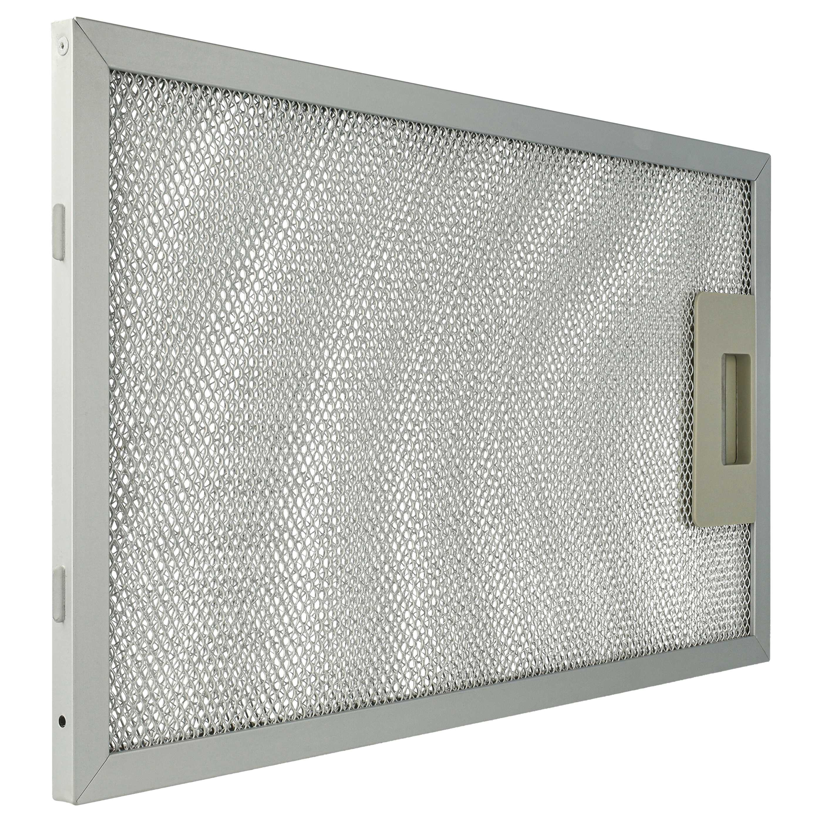 Silberner Metall-Dunstabzugsfilter mit Gitter und einem grauen Griff.