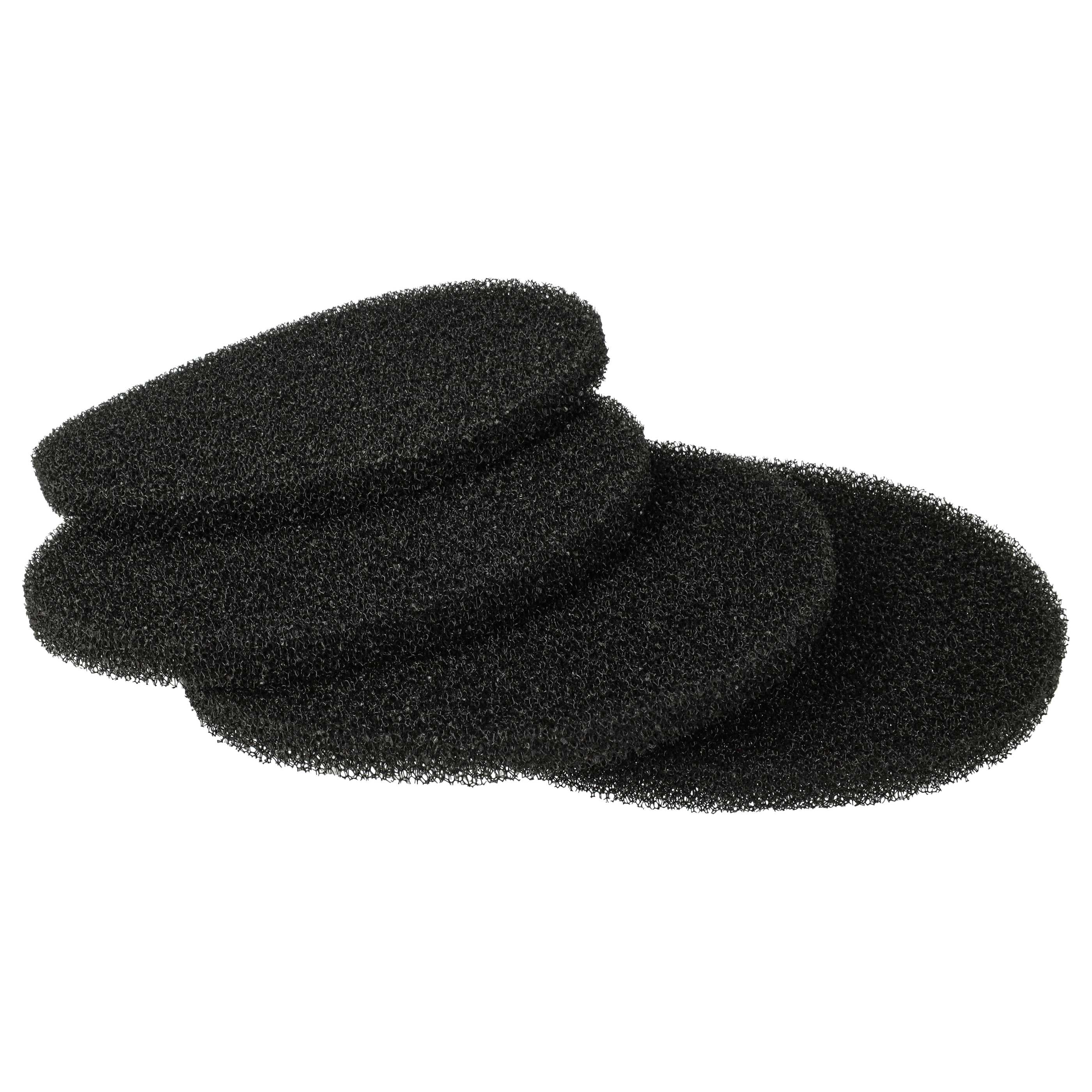 Drei schwarze Schaumstoff-Luftfilter, kreisförmig und strukturiert, vor weißem Hintergrund, leicht überlappend.