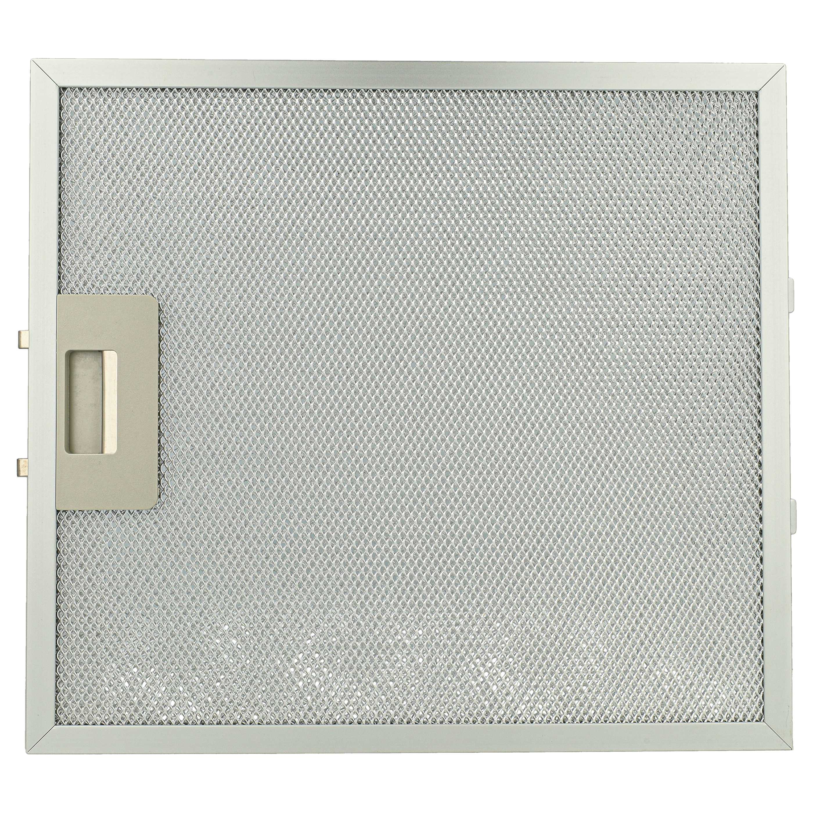 Ein rechteckiger, silberner Metallfilter mit Griff auf der linken Seite. Es hat ein Mesh-Muster.