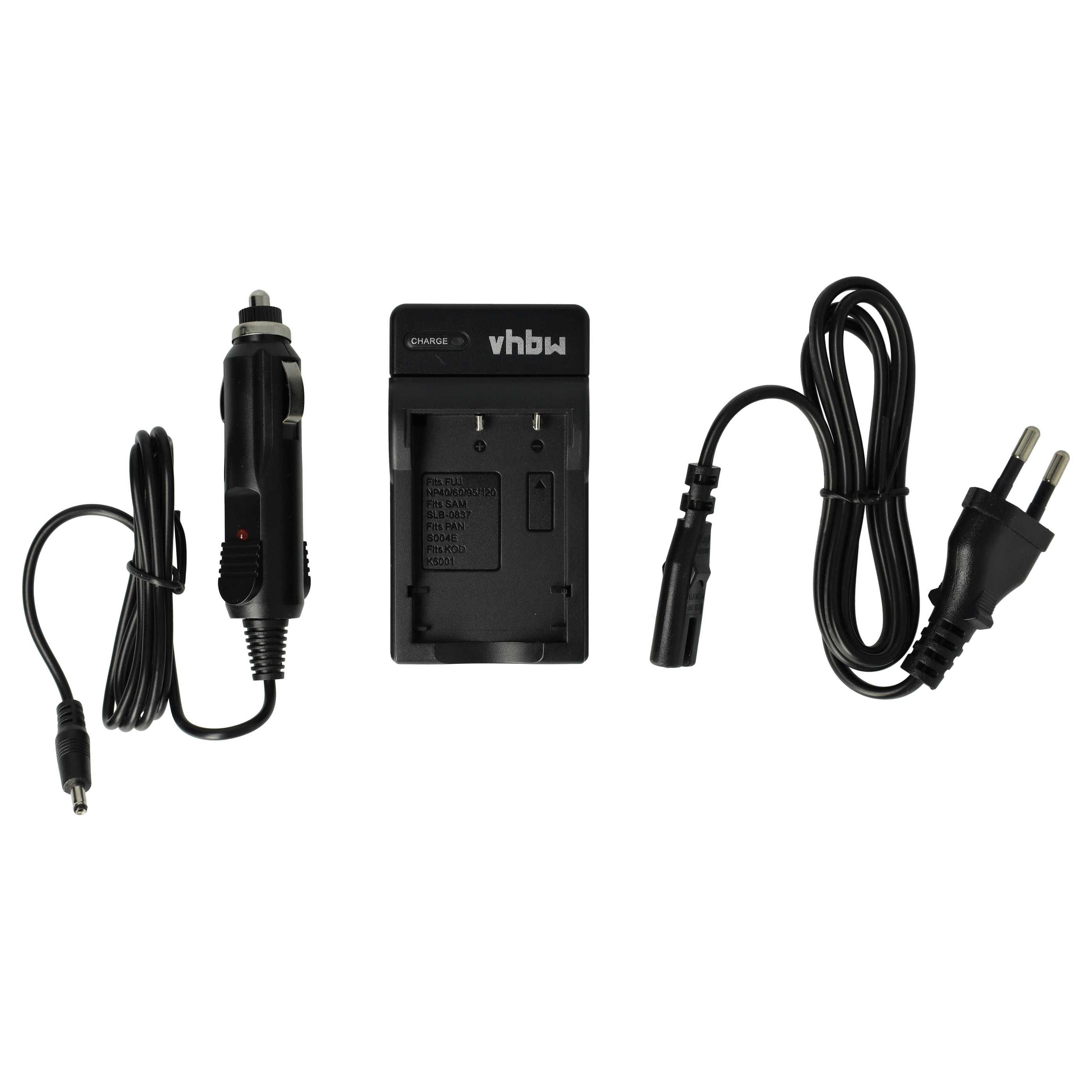 Schwarzes Ladegerät mit Kabel und Stecker auf weißem Grund. Inklusive Autoladegerät.
