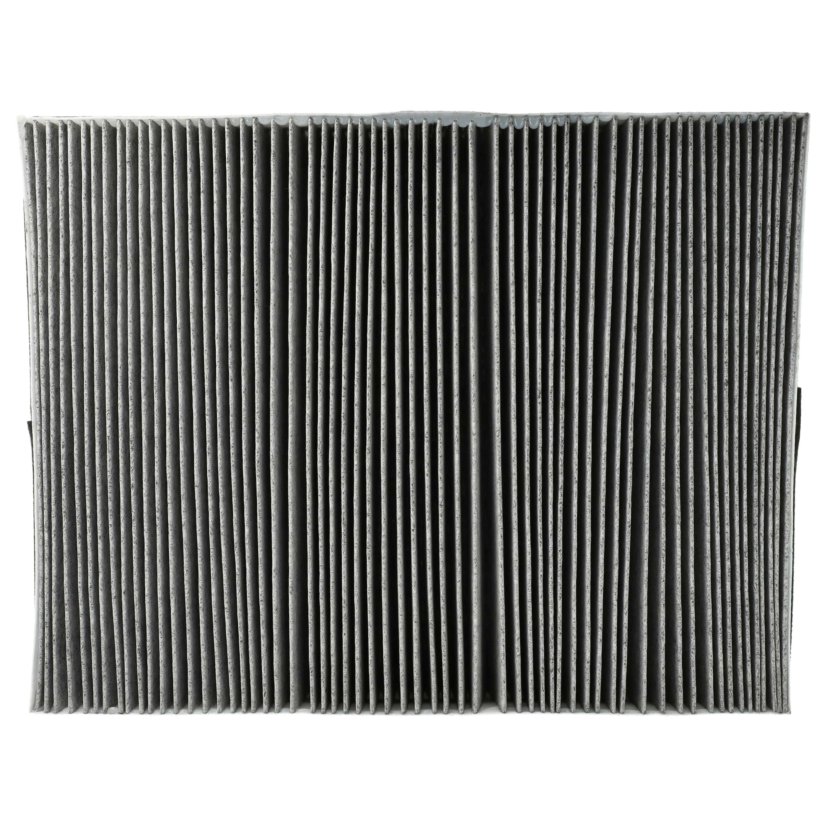 Rechteckiger Luftfilter mit vertikalen Linien. Der Filter ist grau und hat eine gitterartige Textur.