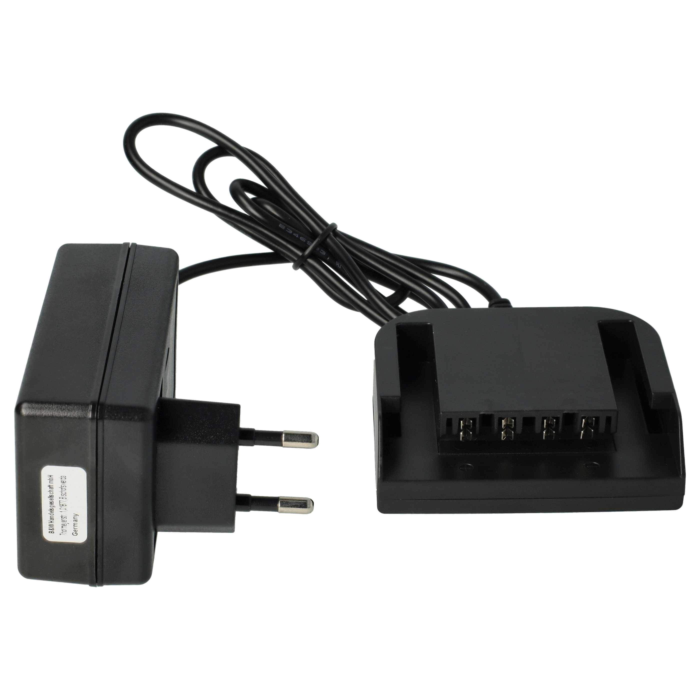 Ein Adapter und eine Ladestation. Der Adapter hat einen Stecker. Das Dock hat 5 Steckplätze und ist schwarz. Weißer Hintergrund.
