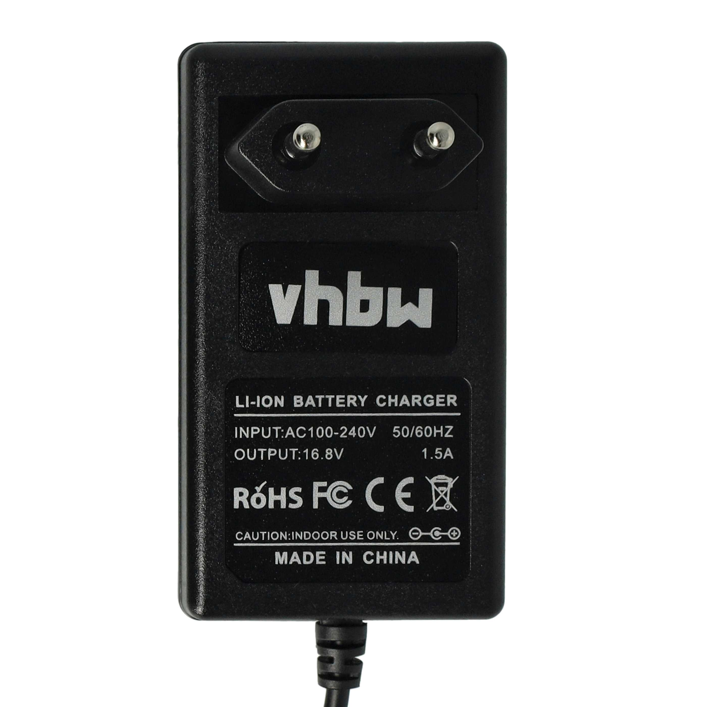 Ein schwarzes Li-Ionen-Akkuladegerät mit weißem Text und Logos. Es hat Stecker und Kabel.