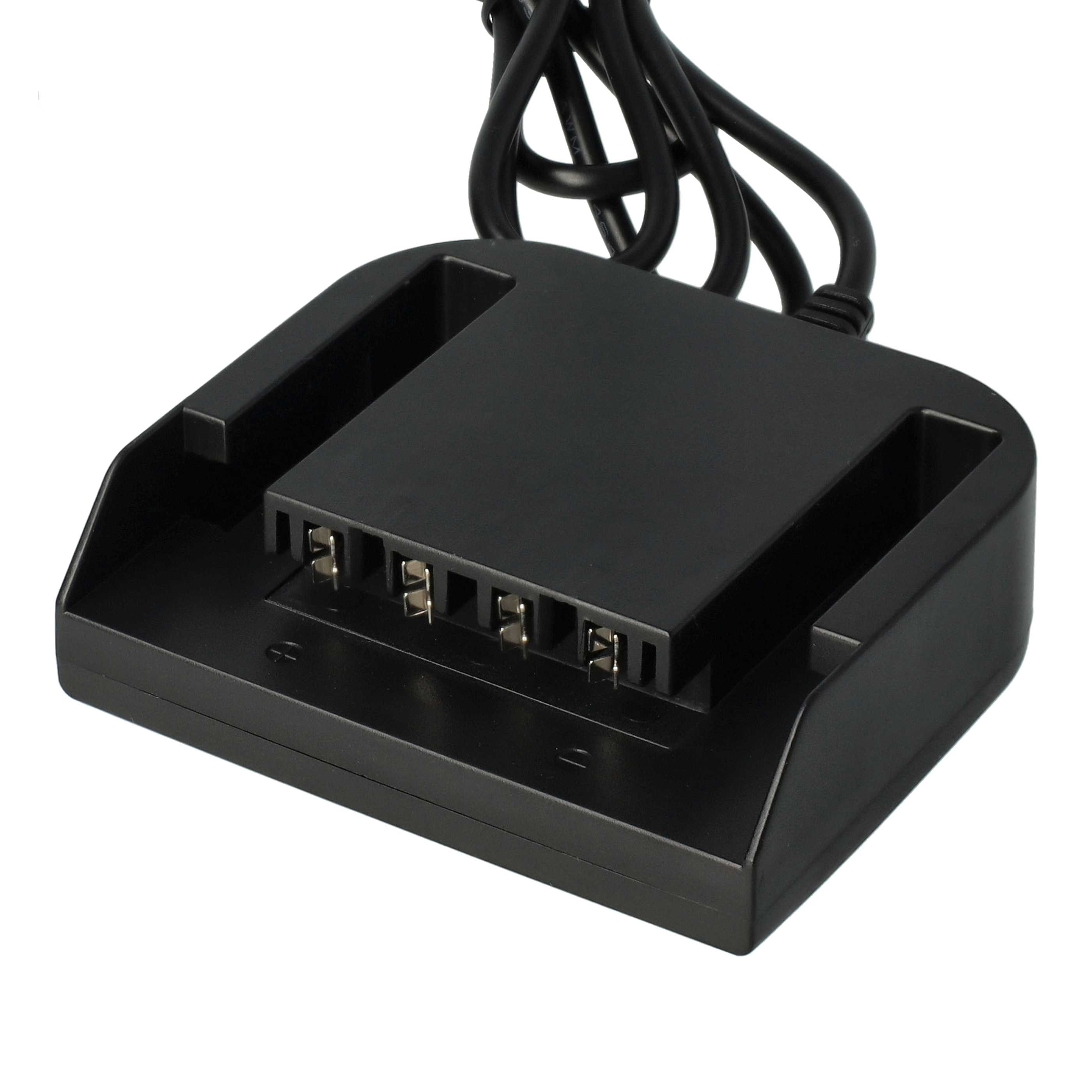 Schwarze Ladestation für elektronisches Gerät, mit Ladestiften und einem Kabel.