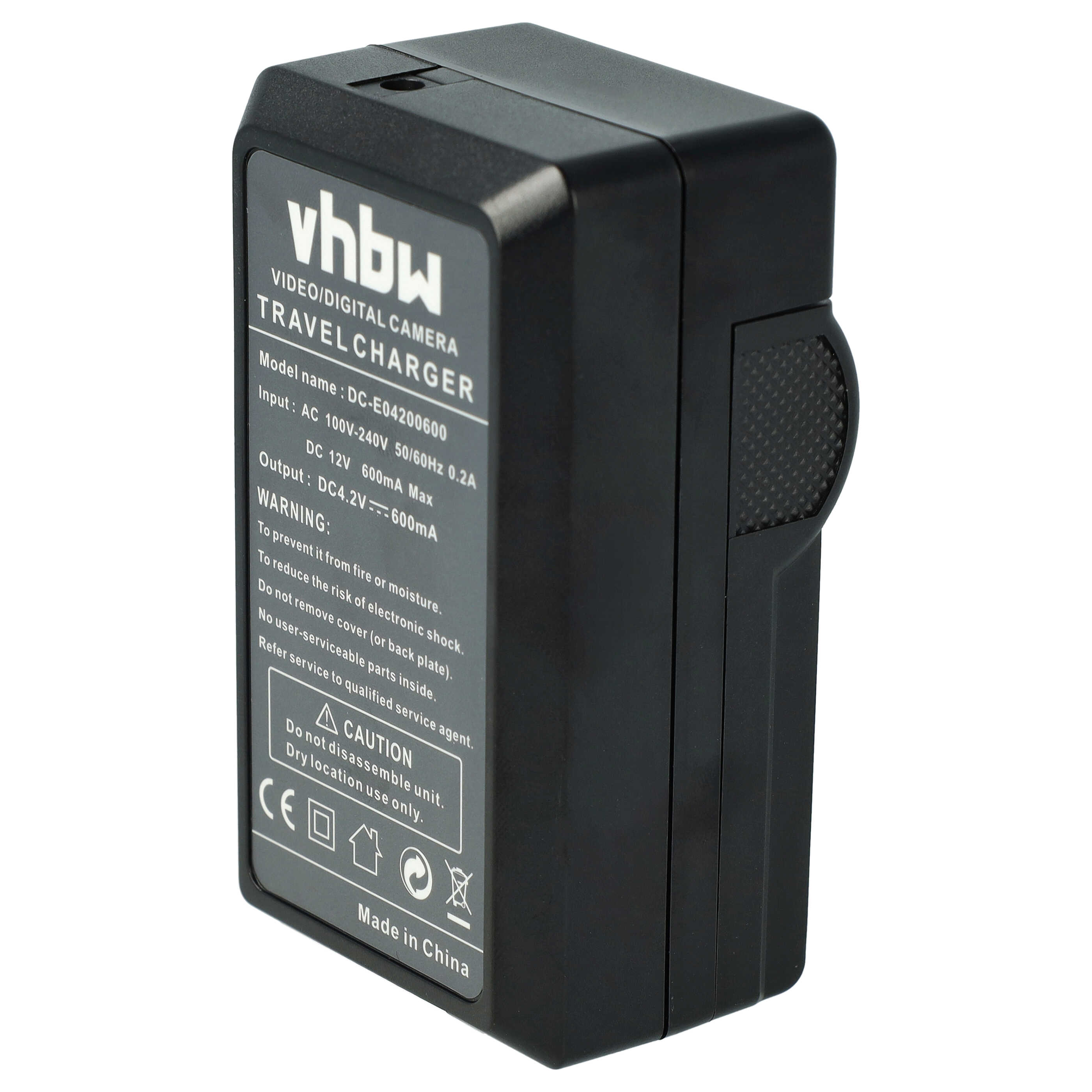 Schwarzes Reiseladegerät mit weißem Text, beschriftet mit 'VHBW VIDEO/DIGITAL CAMERA TRAVEL CHARGER'.