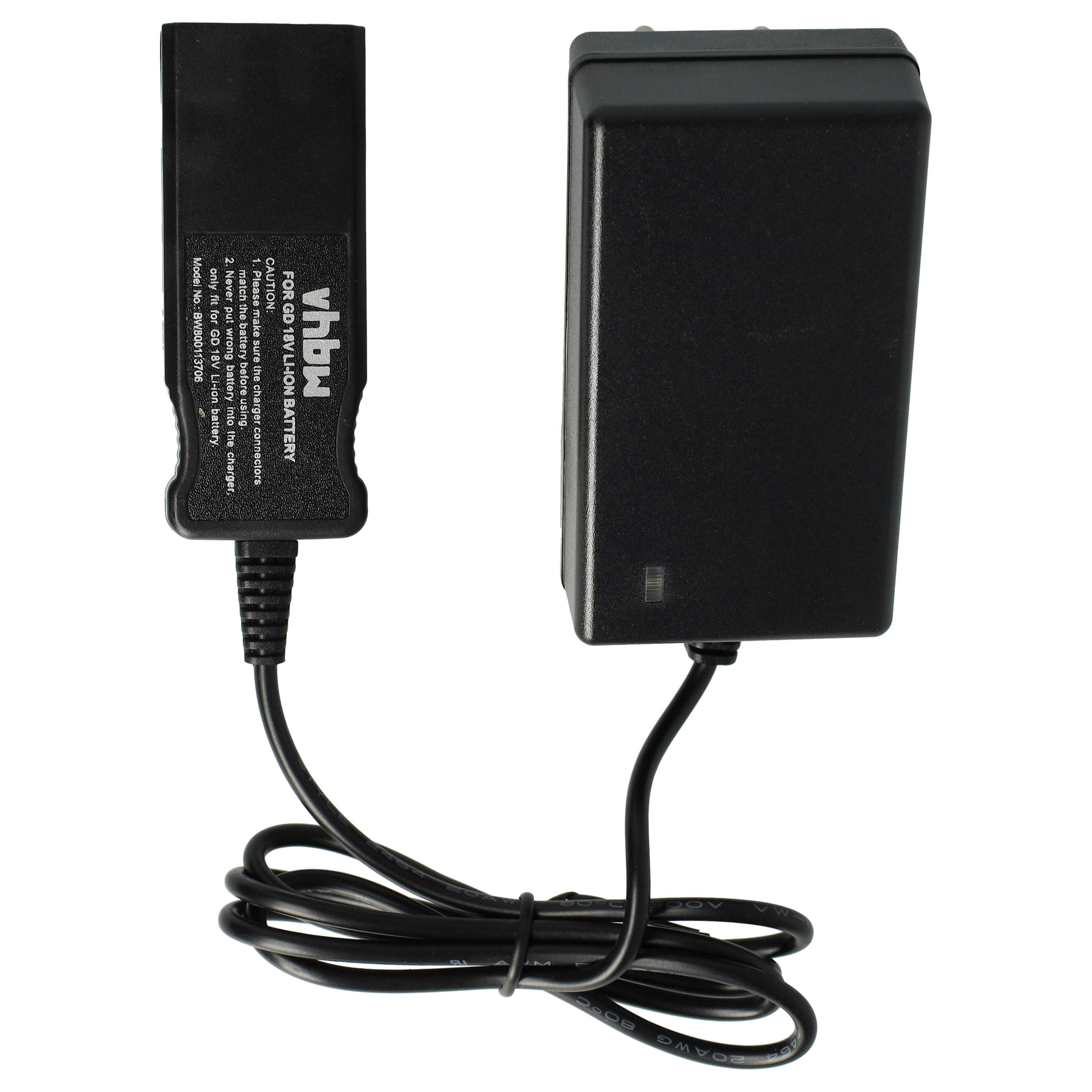 Schwarzes Ladegerät und ein schwarzer Akku mit Etikett. Beide sind durch ein schwarzes Kabel verbunden.