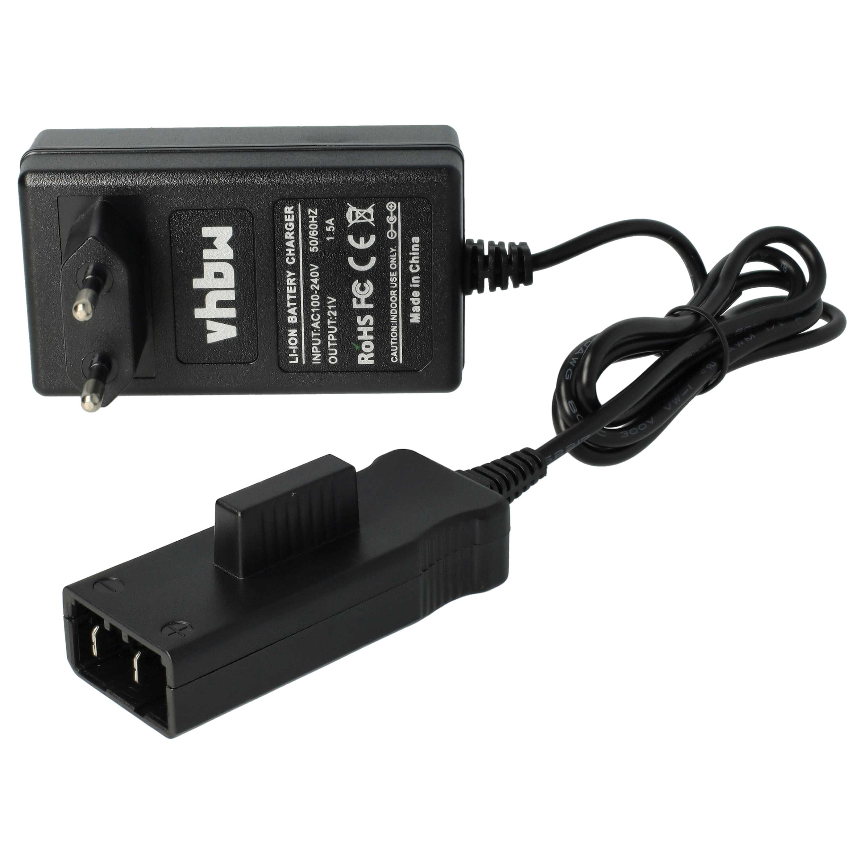 Ein schwarzes Ladegerät mit einem dreipoligen Stecker und einem Stecker, konzipiert für ein Li-Ionen-Akkuladegerät.