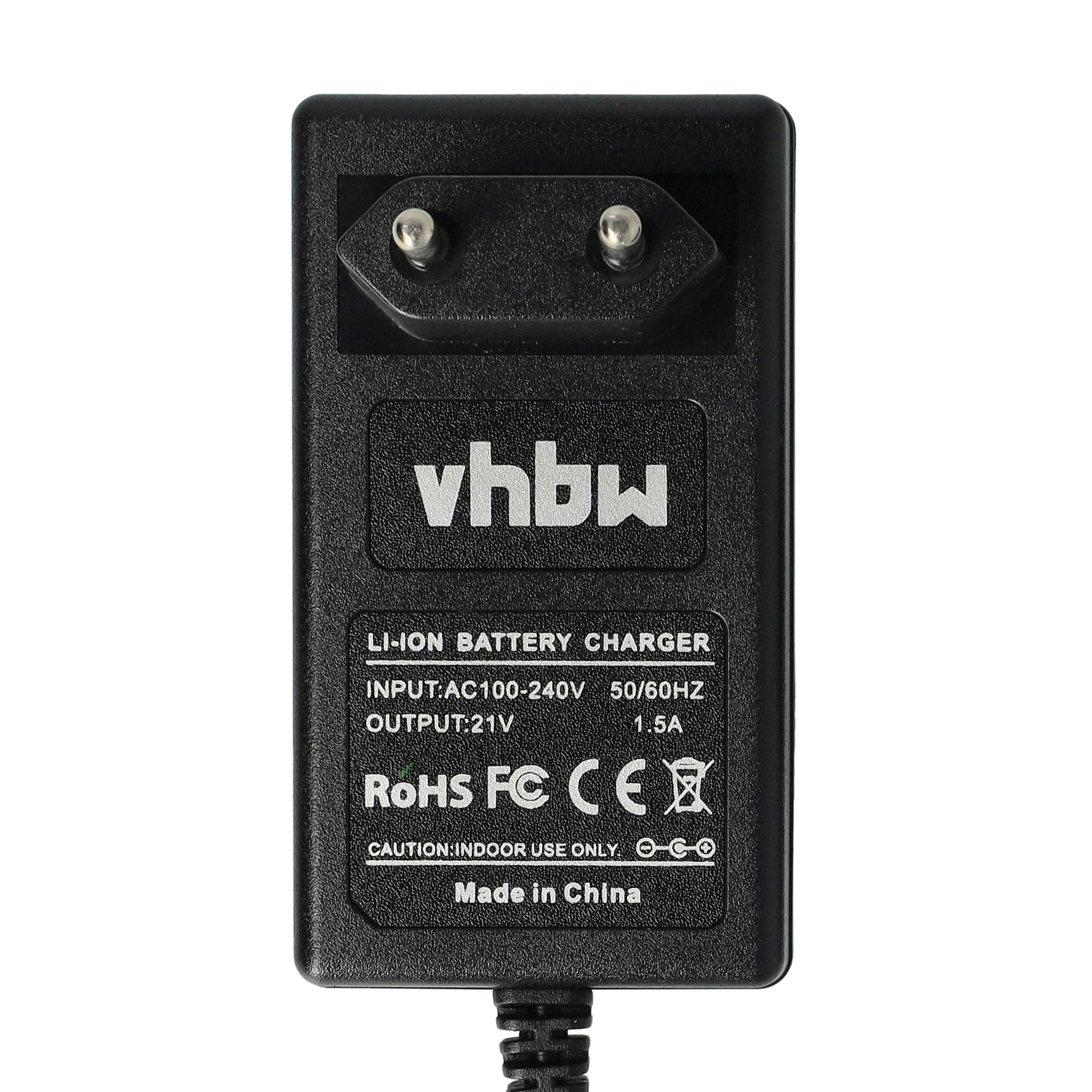 Schwarzes Li-Ionen-Akkuladegerät mit Stecker und Text: vhbw, Eingang, Ausgang, Sicherheitszertifizierungen.