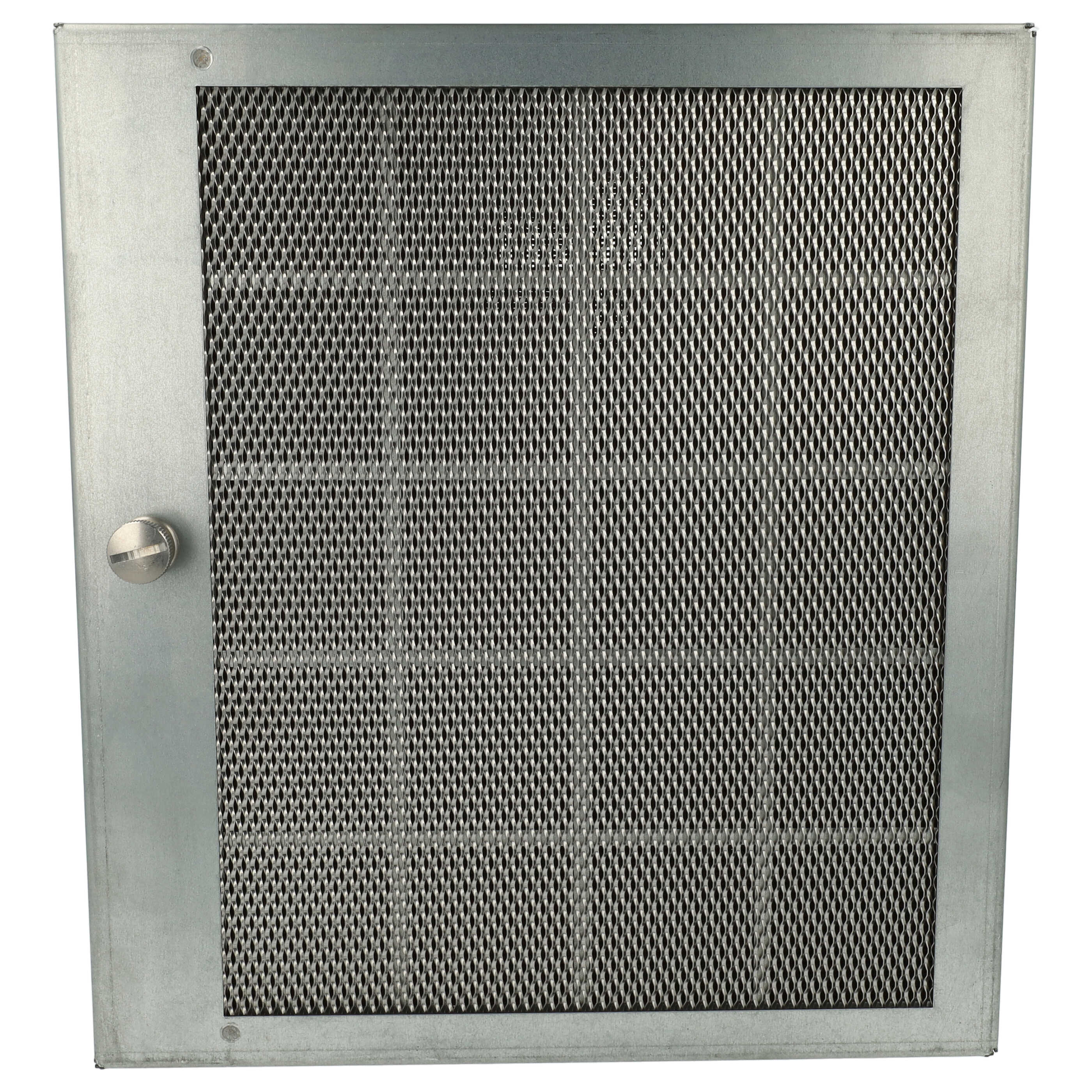 Metallfilter mit Gittermuster, in einem Metallrahmen. Ein Griff links.