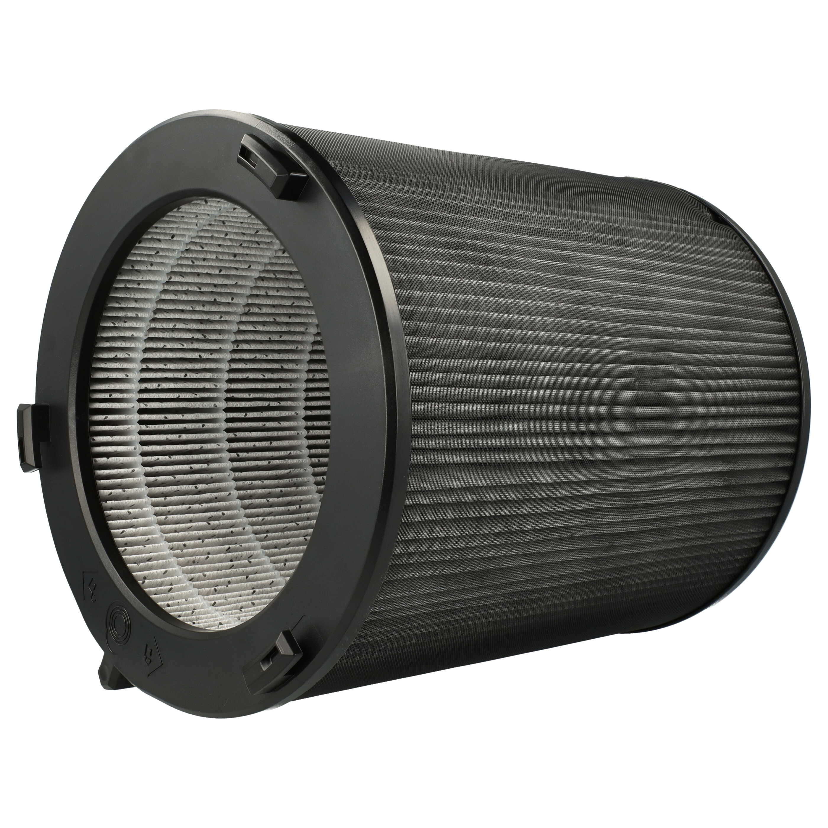 Ein zylindrischer Luftfilter mit schwarzem Rahmen und gefaltetem Filtermaterial innen.