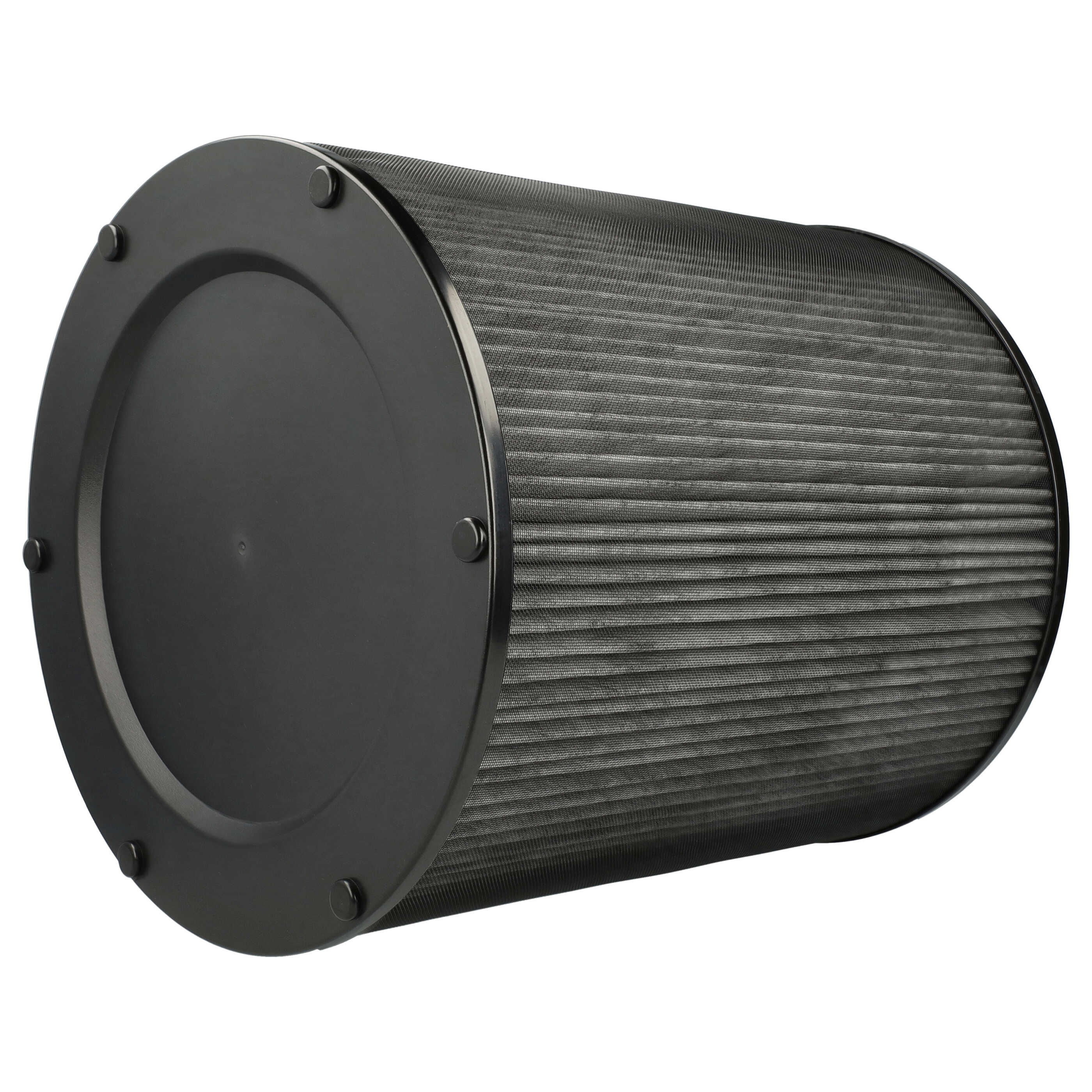 Ein schwarzer Luftfilter mit zylindrischer Form. Der Filter hat eine Netzstruktur.