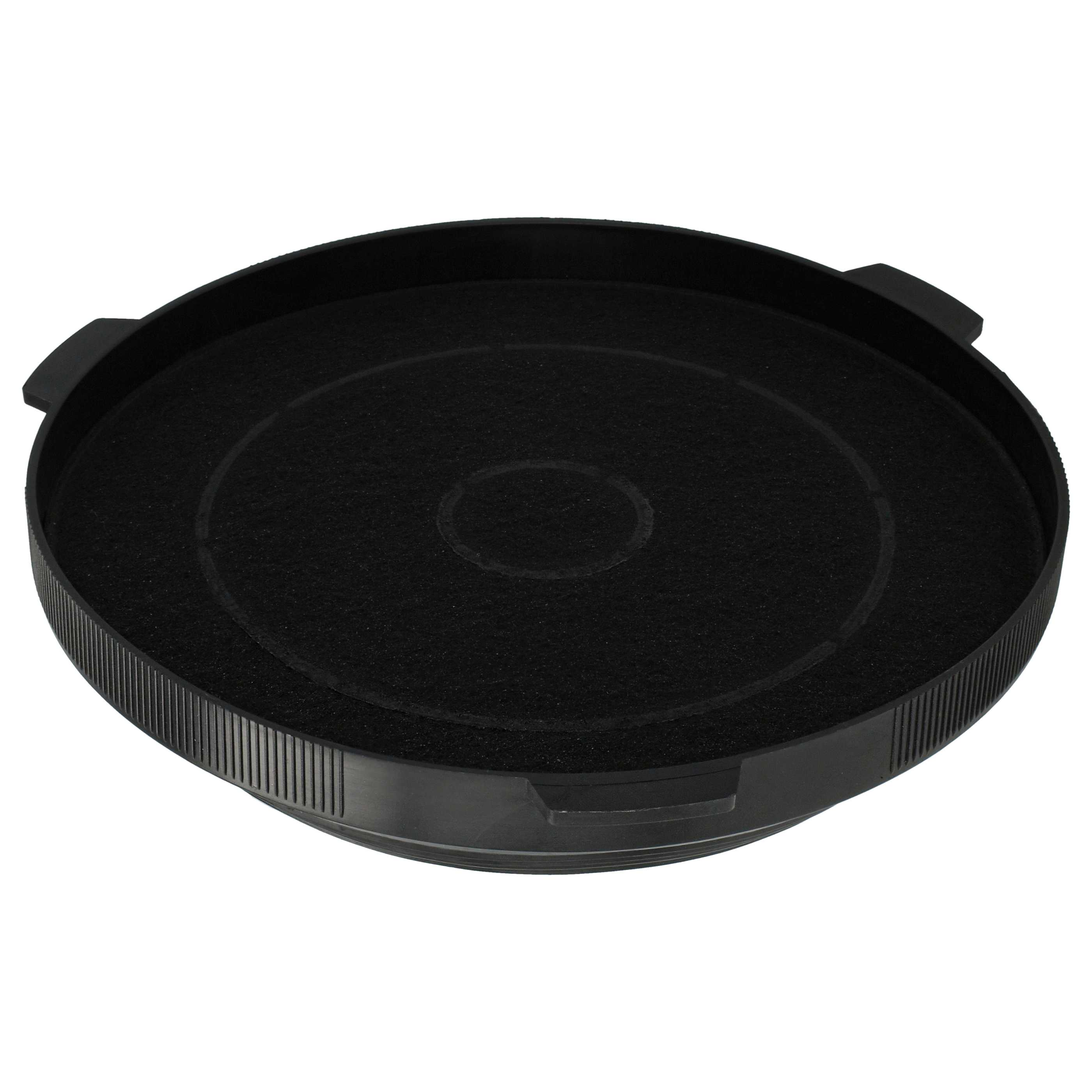 Schwarzer runder Luftfilter mit dunkler, poröser Oberfläche und schwarzem Kunststoffrand.