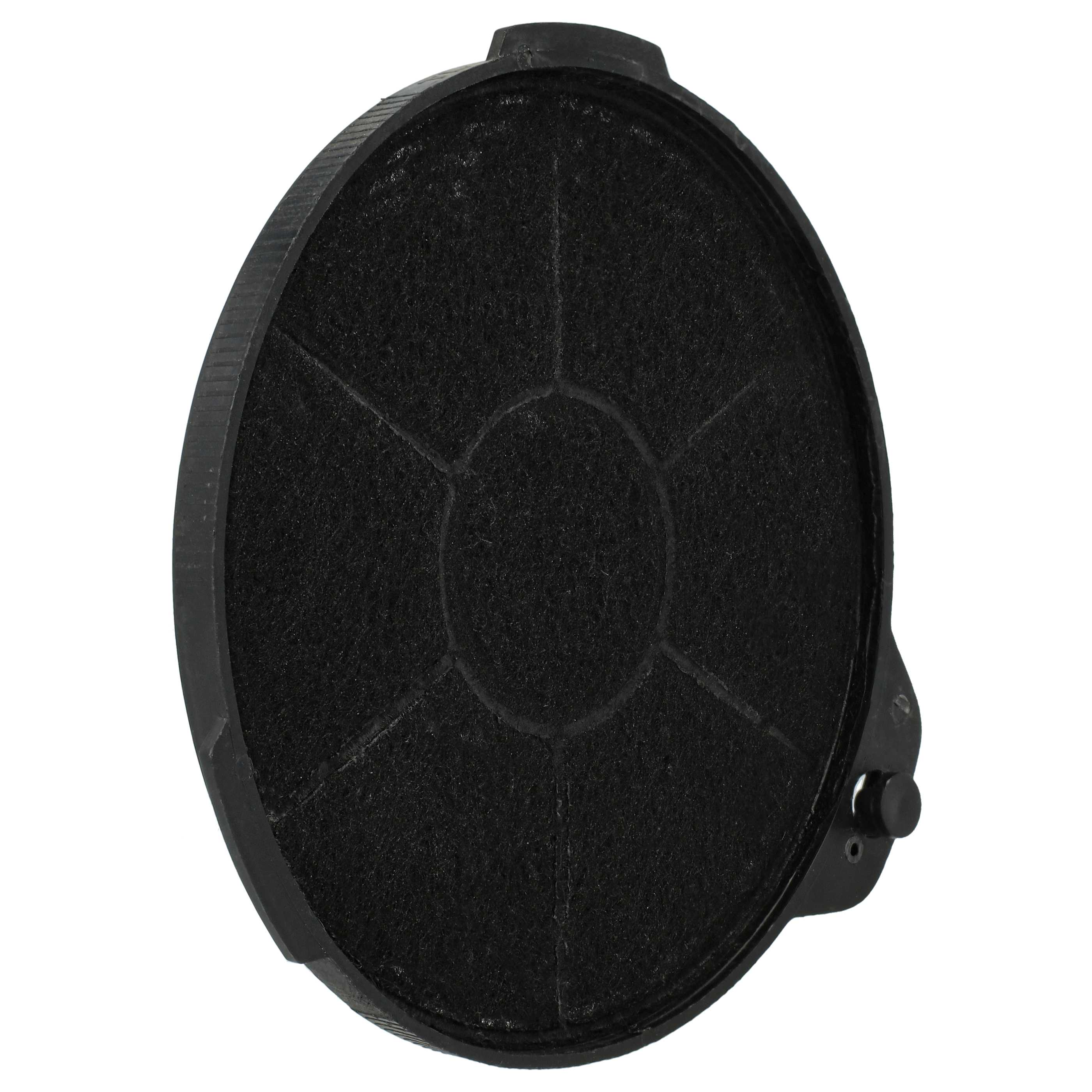 Schwarzer kreisförmiger Filter mit schwarzem Netzinnenraum und Kunststoffrand, aus einem Winkel auf Weiß gesehen.