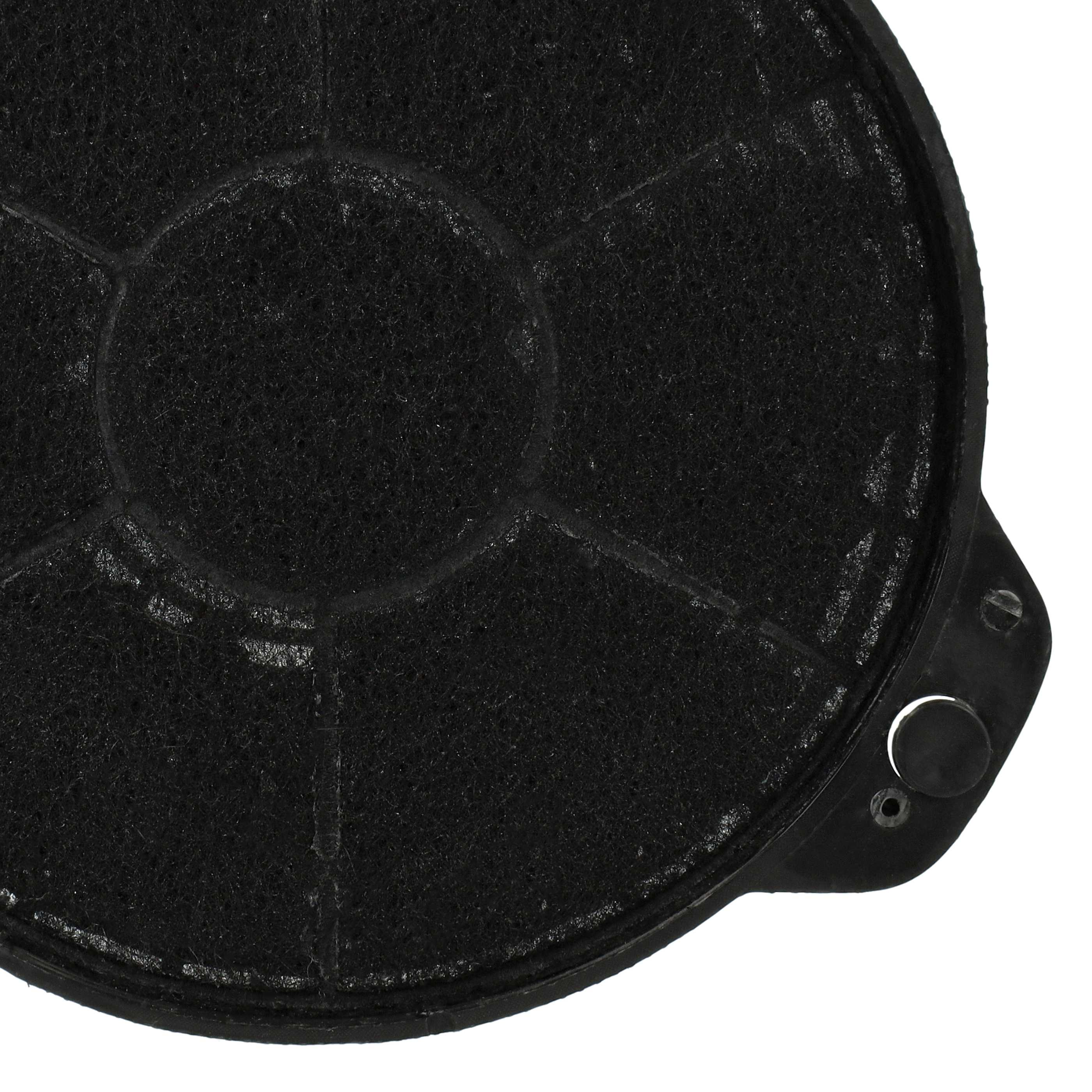 Nahaufnahme eines schwarzen kreisförmigen Filters mit Maschendesign und einem kleinen schwarzen Befestigungselement.