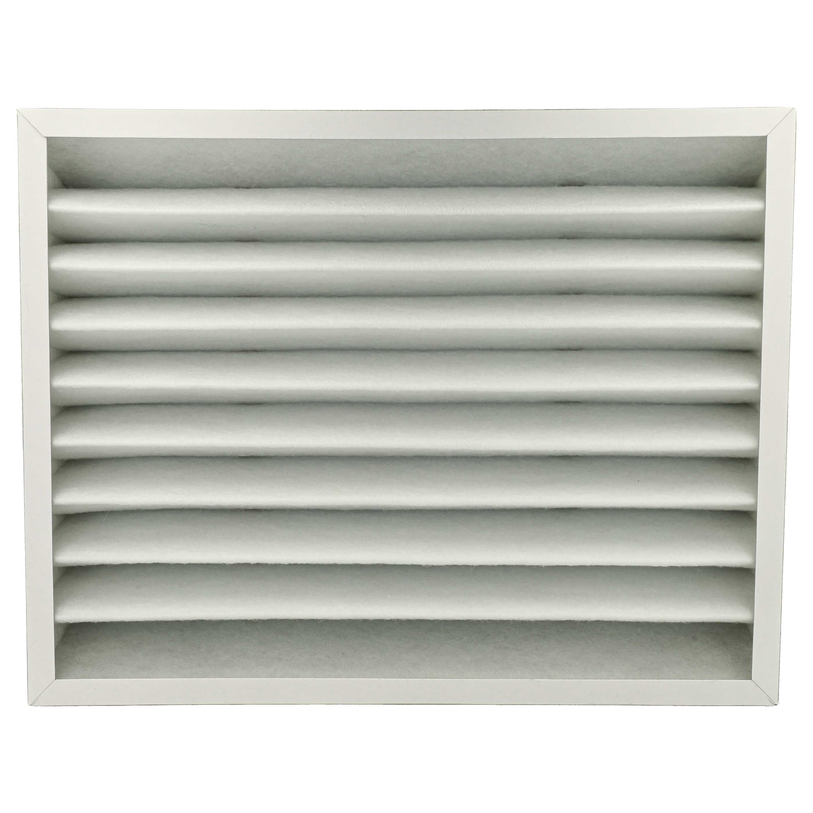 Weißer rechteckiger Filter mit horizontalen Rippen in einem weißen Rahmen, vor weißem Hintergrund.