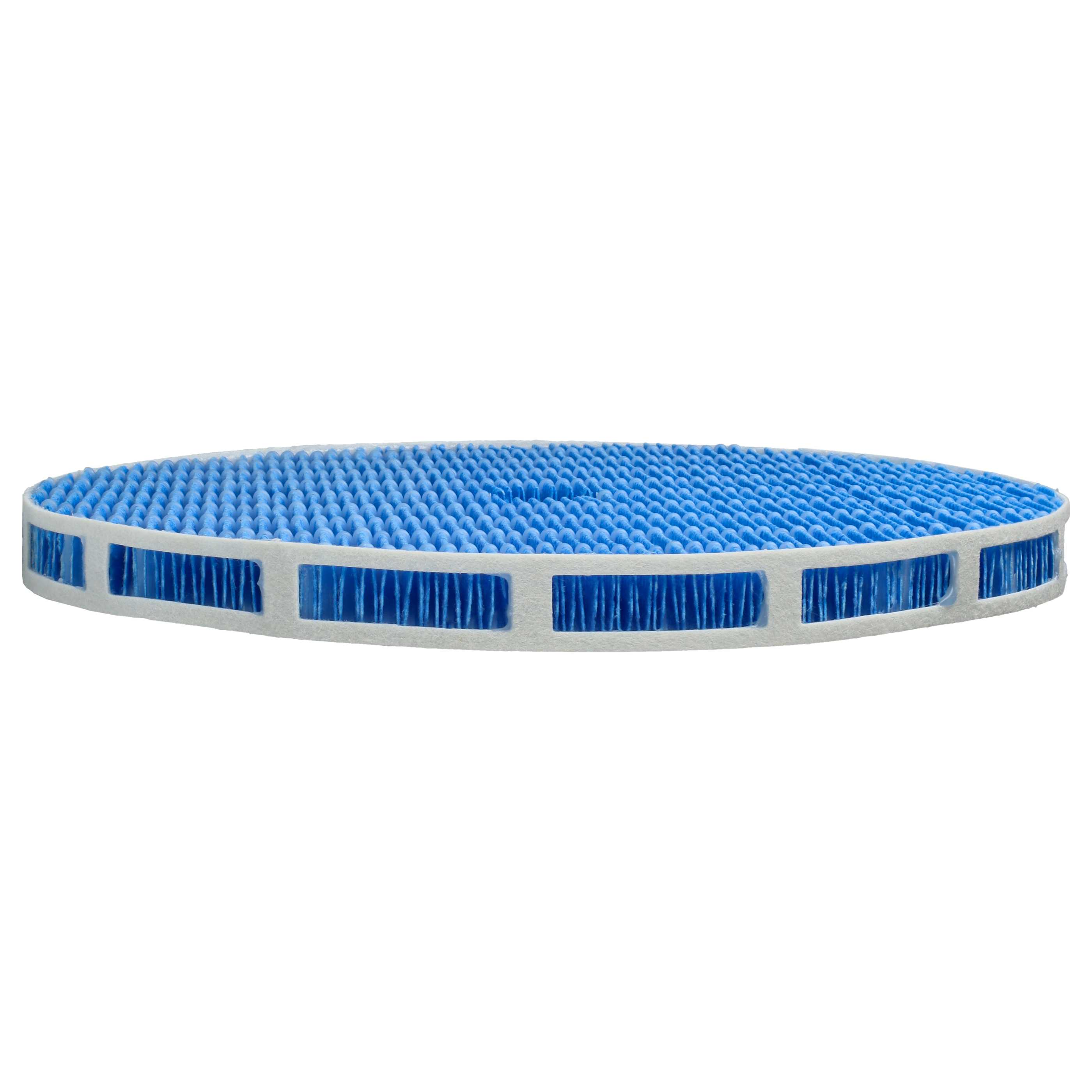 Ein runder Luftfilter mit blauer Oberfläche und einem weißen Rahmen mit rechteckigen Öffnungen.