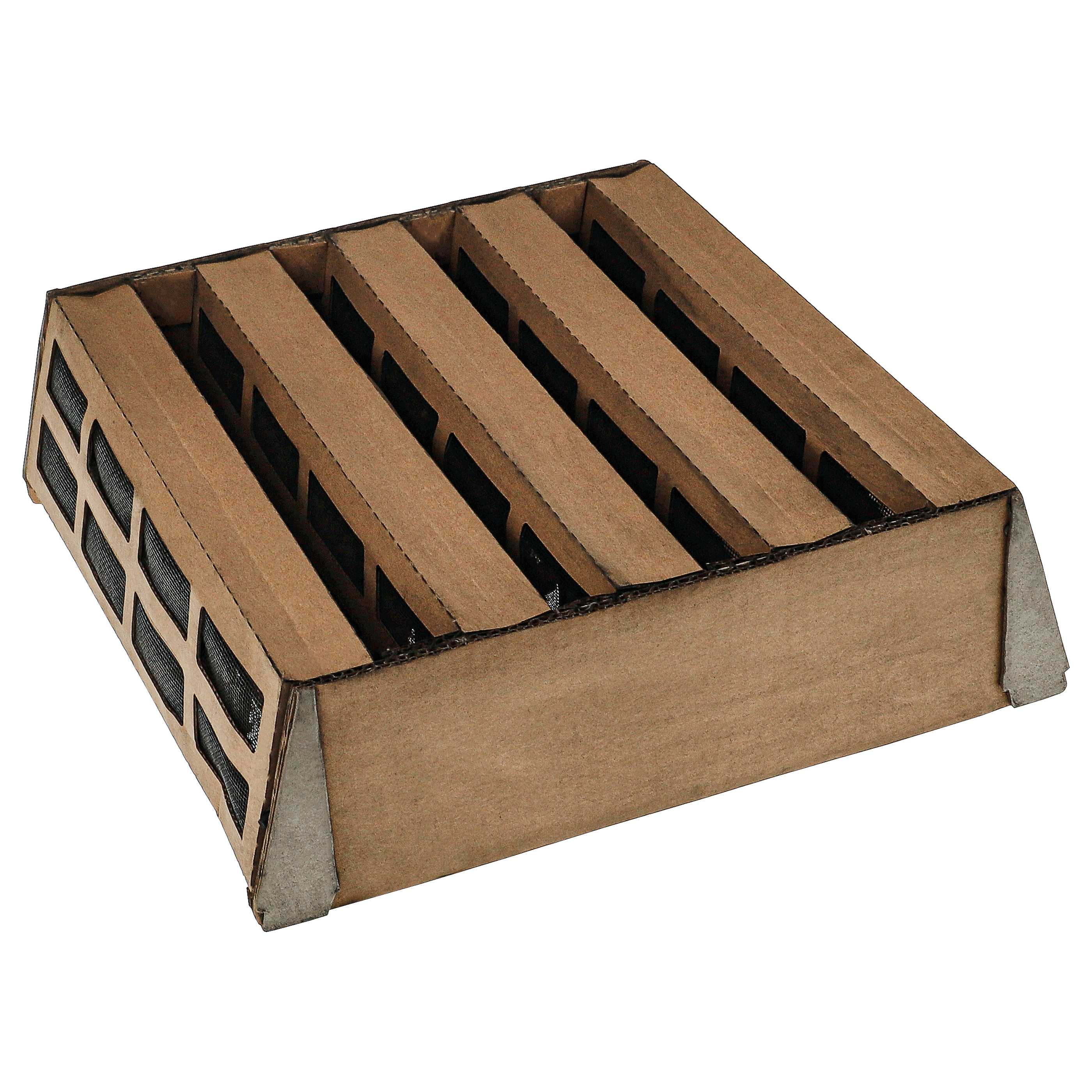 Kartonpalette mit mehreren Schlitzen. Die Palette ist braun, mit schwarzer Schaumstoffpolsterung in den Schlitzen.