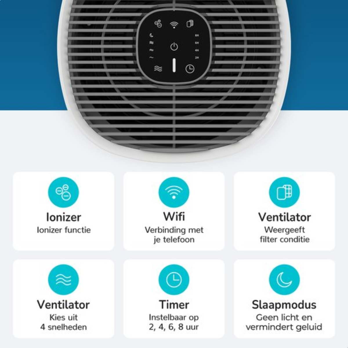 Purificatore d'aria con icone che descrivono funzioni come ionizzatore, wifi e timer.