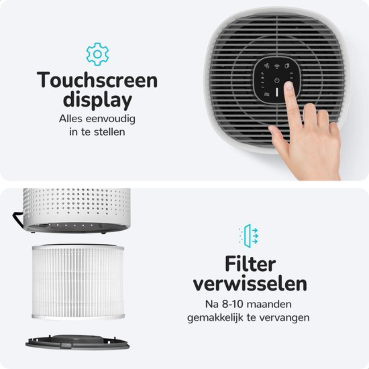 Un purificatore d'aria con display touchscreen e istruzioni per la sostituzione del filtro, con componenti.