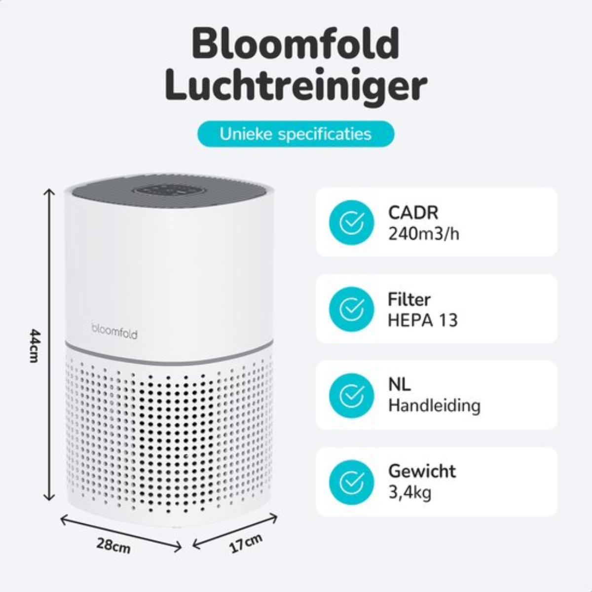 Purificatore d'aria bianco con specifiche. Corpo bianco e base perforata nera.