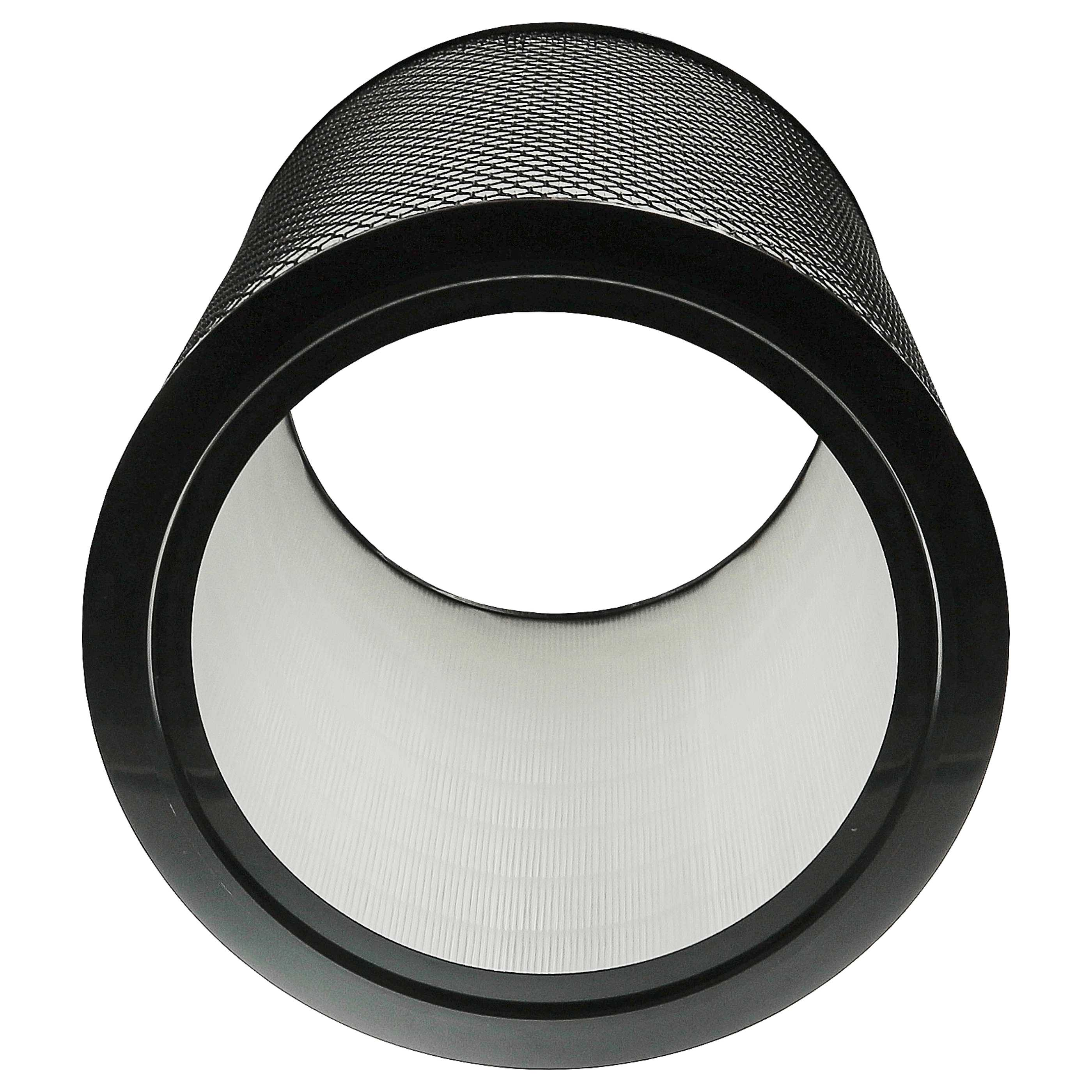 Schwarzer zylindrischer Luftfilter mit äußerer Gitterschicht und weißer Innenschicht.