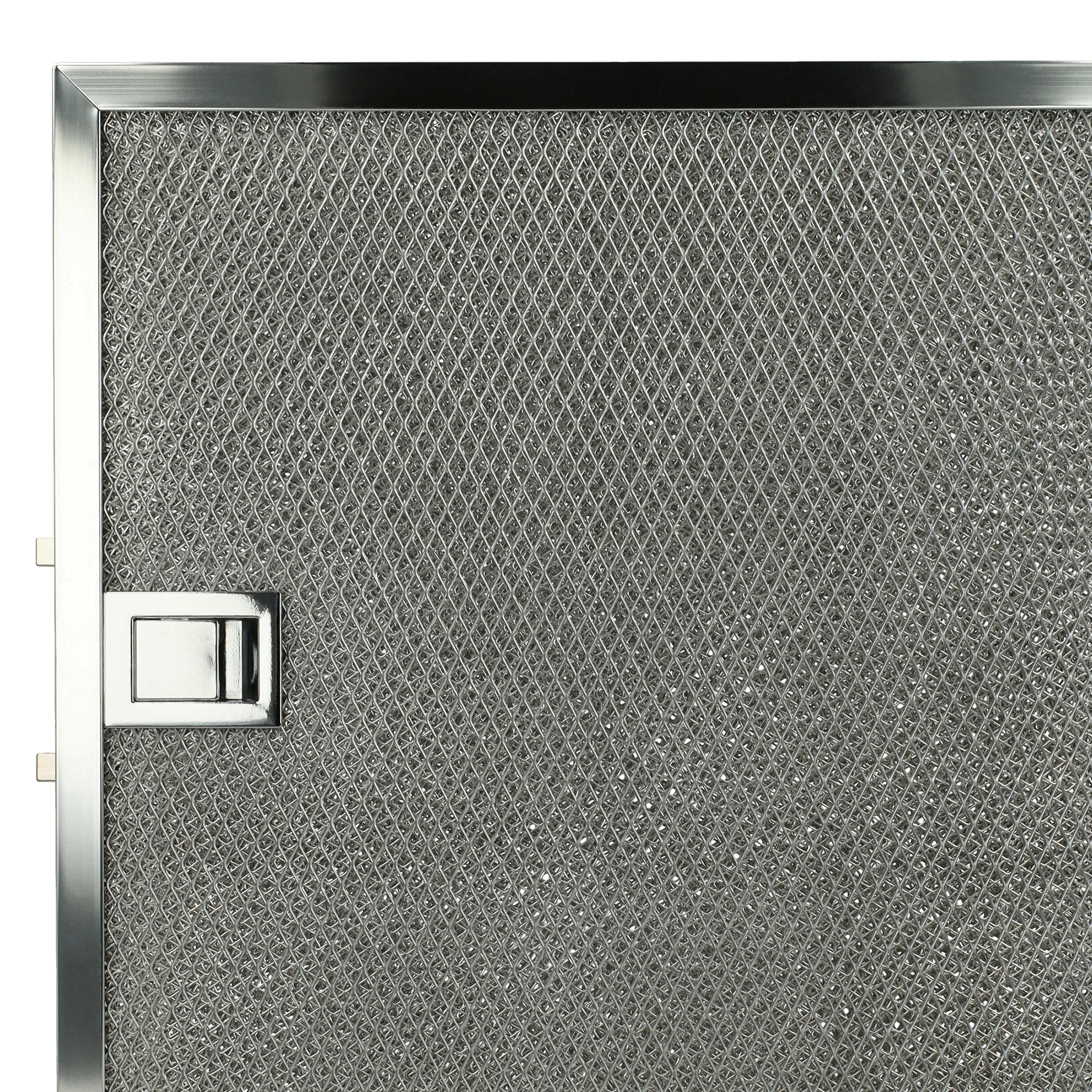 Metallgitterfilter mit silbernem Rahmen und kleinem Griff. Der Filter ist quadratisch und metallgrau.