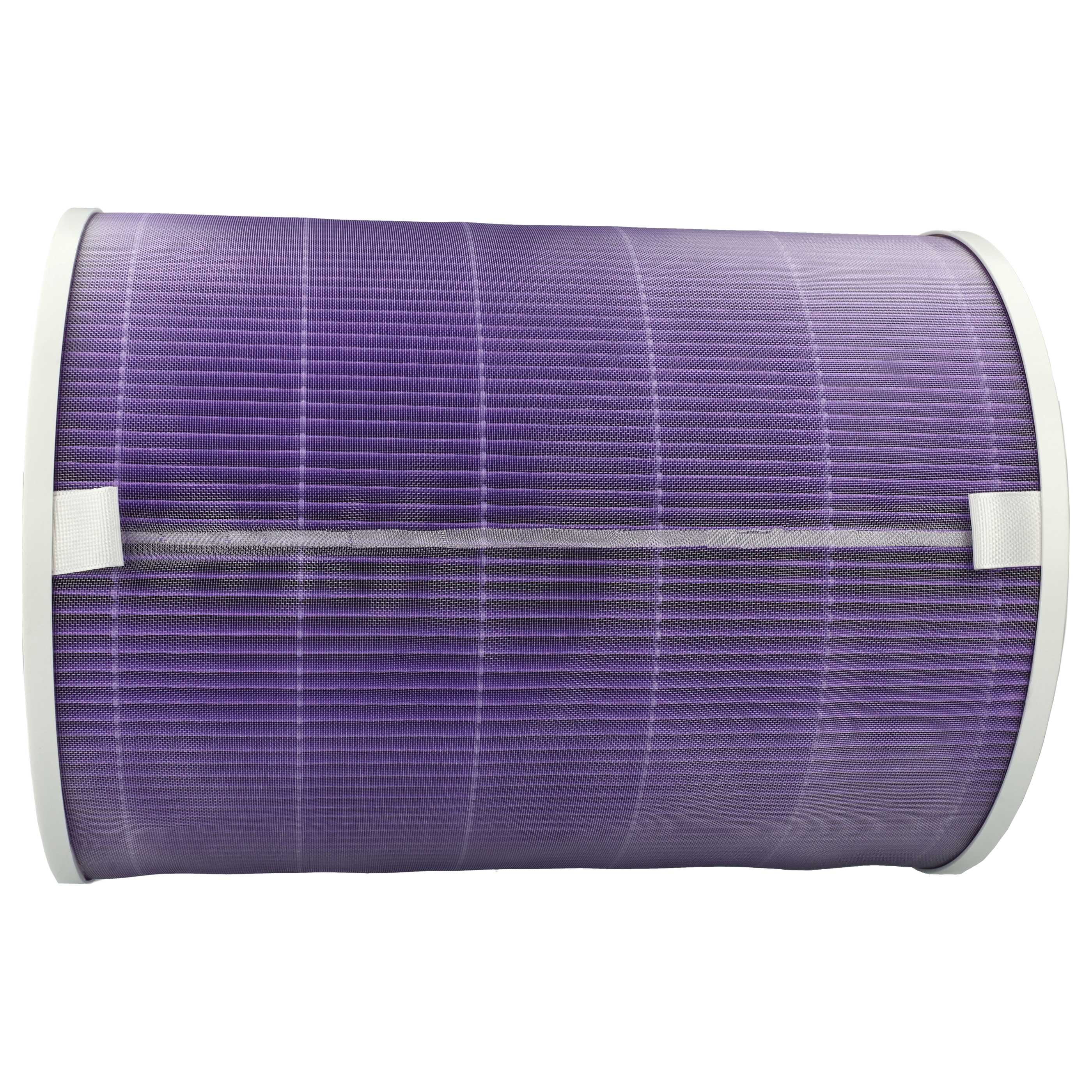 Lila zylindrischer Filter mit weißen Rändern und Maschendesign.
