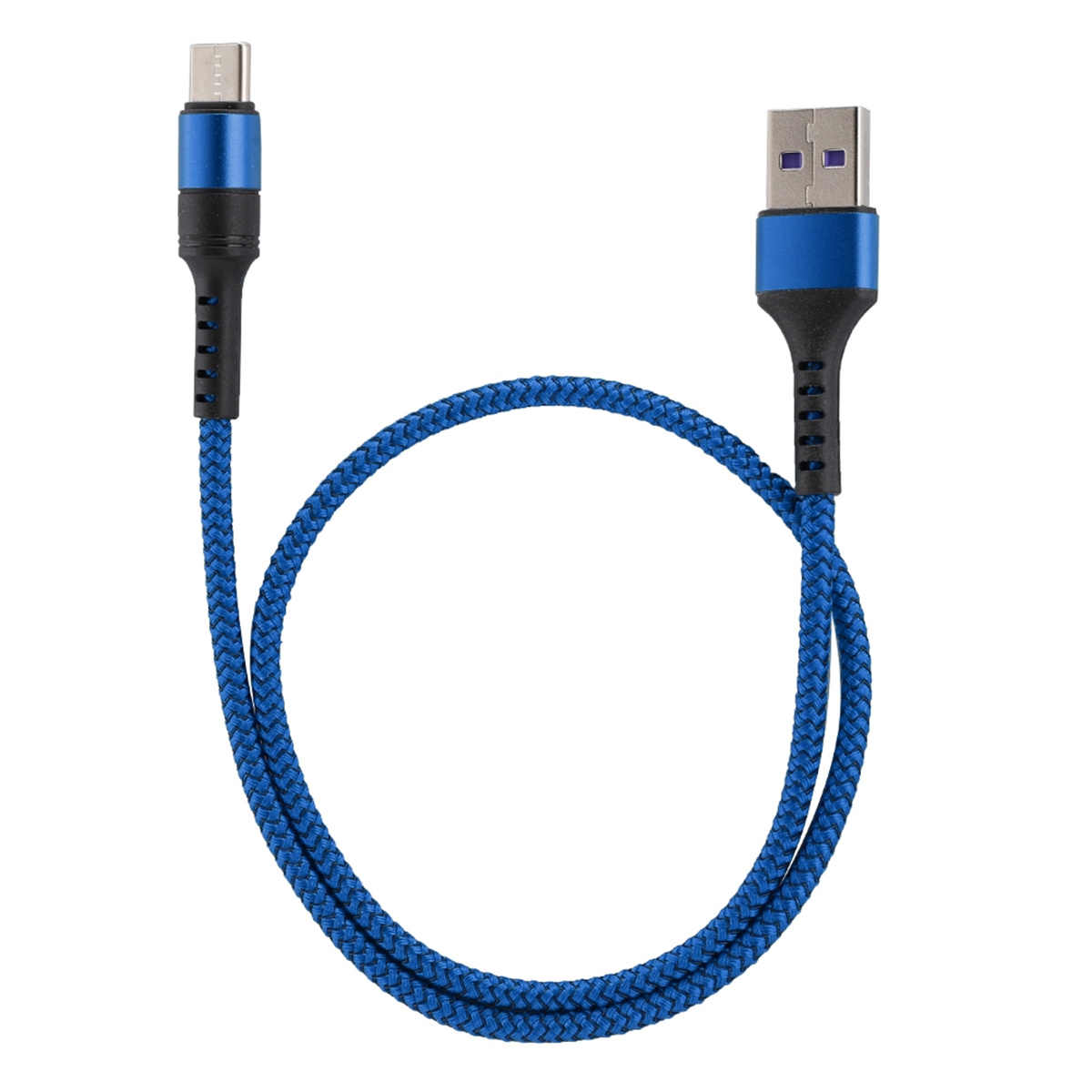 Blaues USB-Kabel mit blauem geflochtenem Kabel. Es hat einen USB- und einen Micro-USB-Anschluss.