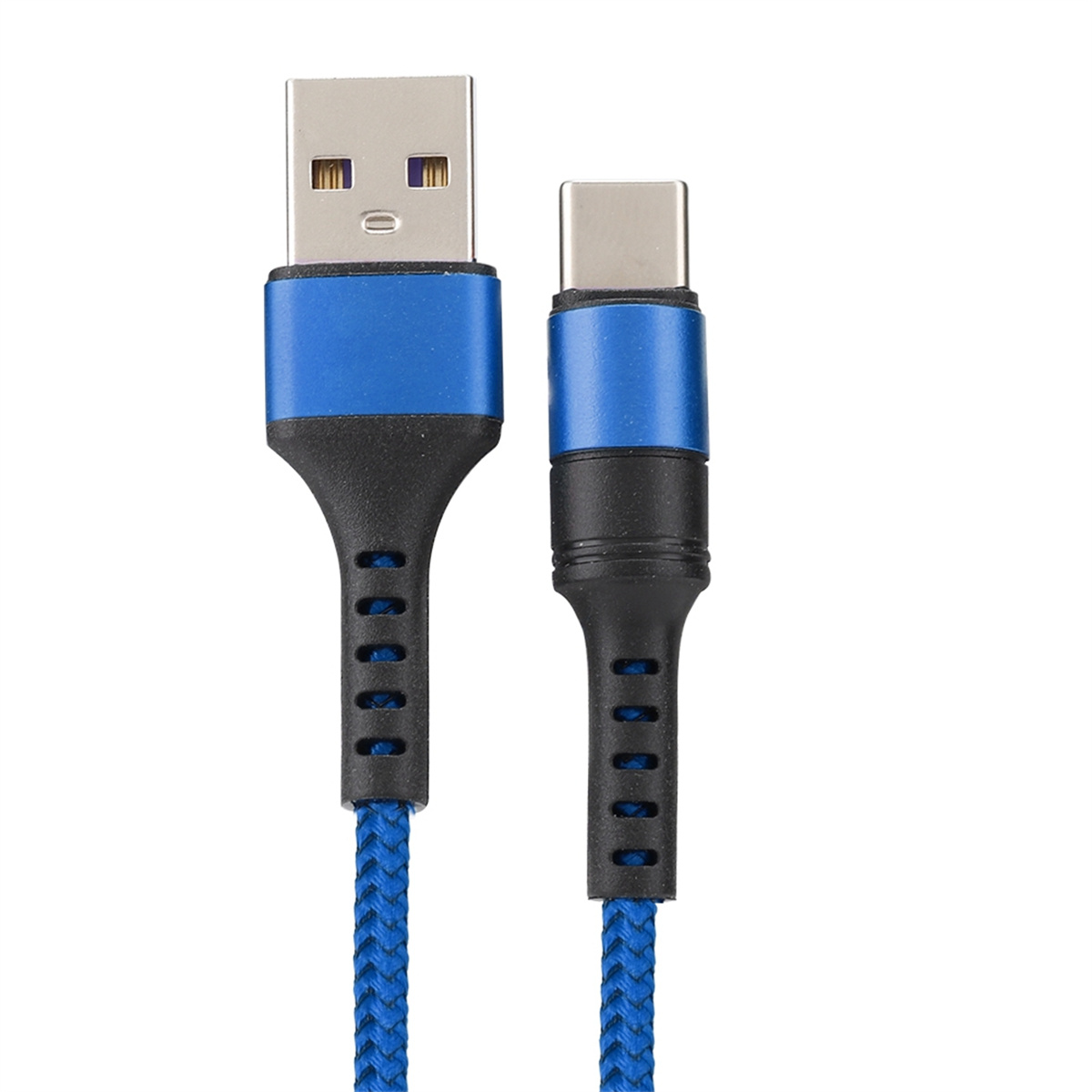 Blaues und schwarzes USB-Kabel. Ein Ende ist USB, das andere USB-C.