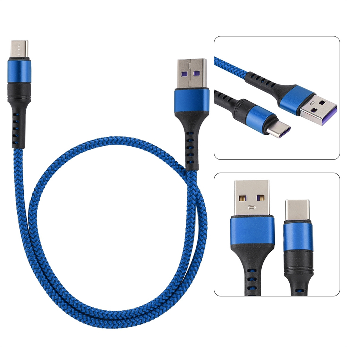 Ein blaues und schwarzes USB-Kabel mit Anschlüssen.