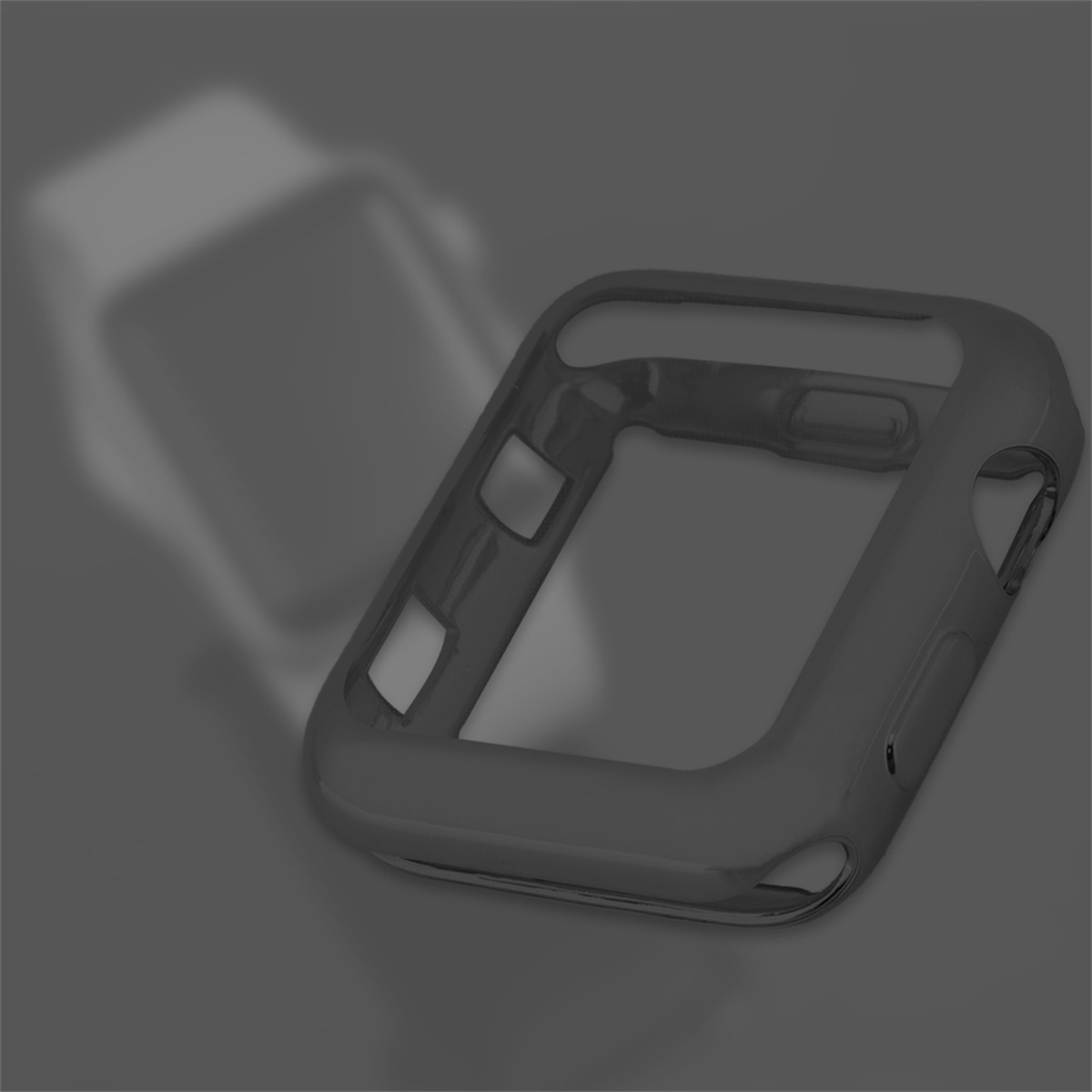 Ein dunkelgraues Smartwatch-Gehäuse auf einer grauen Oberfläche. Das Gehäuse hat eine rechteckige Form und ist leicht transparent.