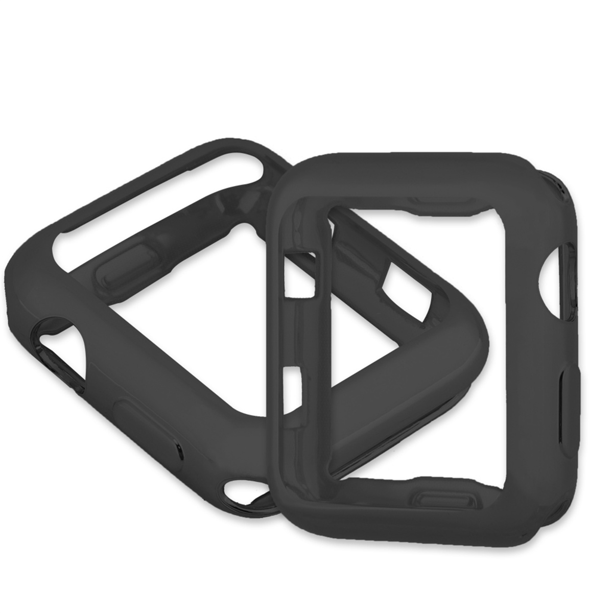 Zwei schwarze Apple Watch-Hüllen, eine offen, die Innenseite zeigend, vor weißem Hintergrund.