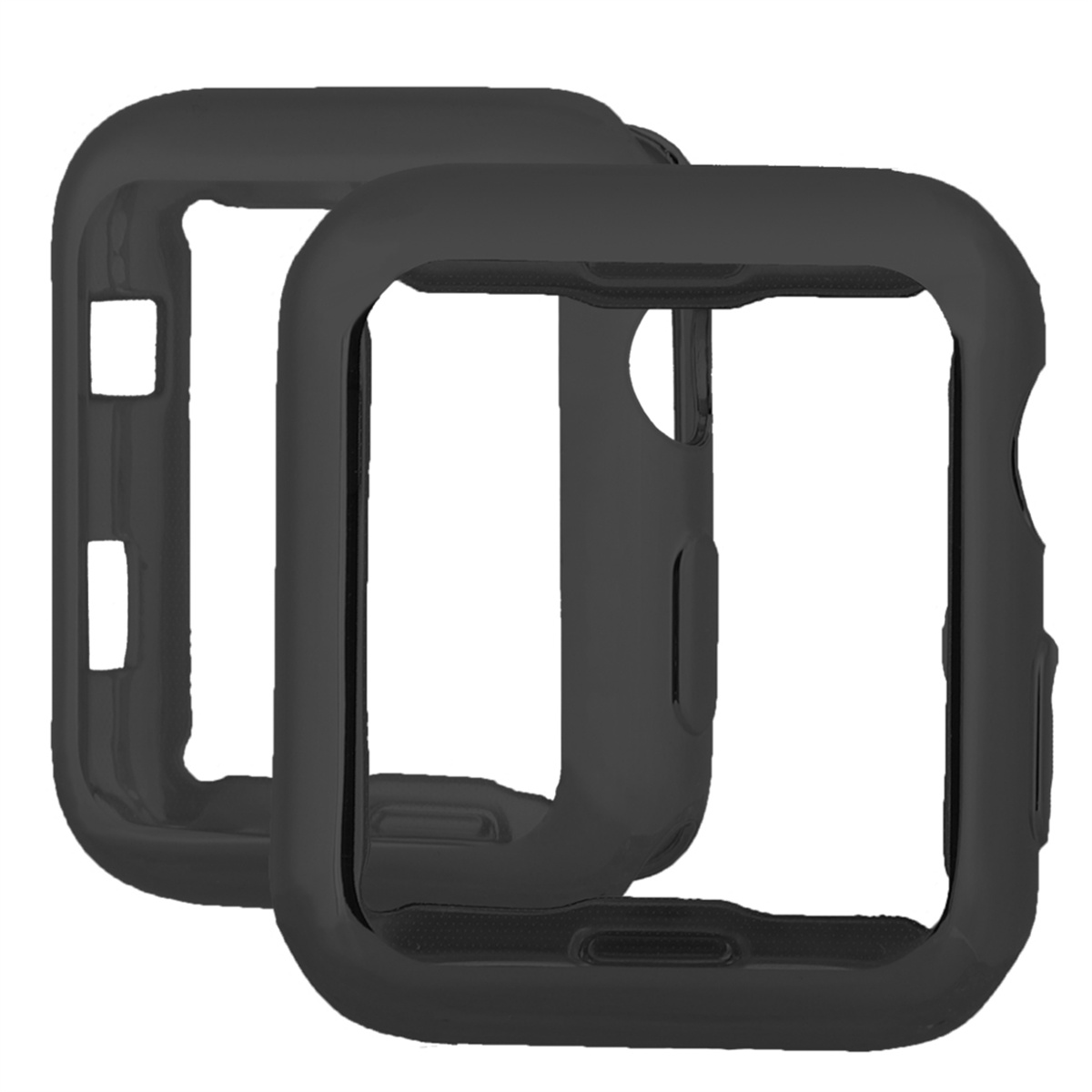 Zwei schwarze Schutzhüllen für eine Smartwatch, mit einer Öffnung für den Bildschirm.