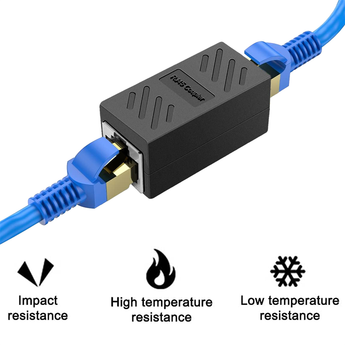 Blaues Ethernet-Kabel mit schwarzem RJ45-Koppler. Symbole für Schlag-, Hoch- und Niedertemperaturbeständigkeit.