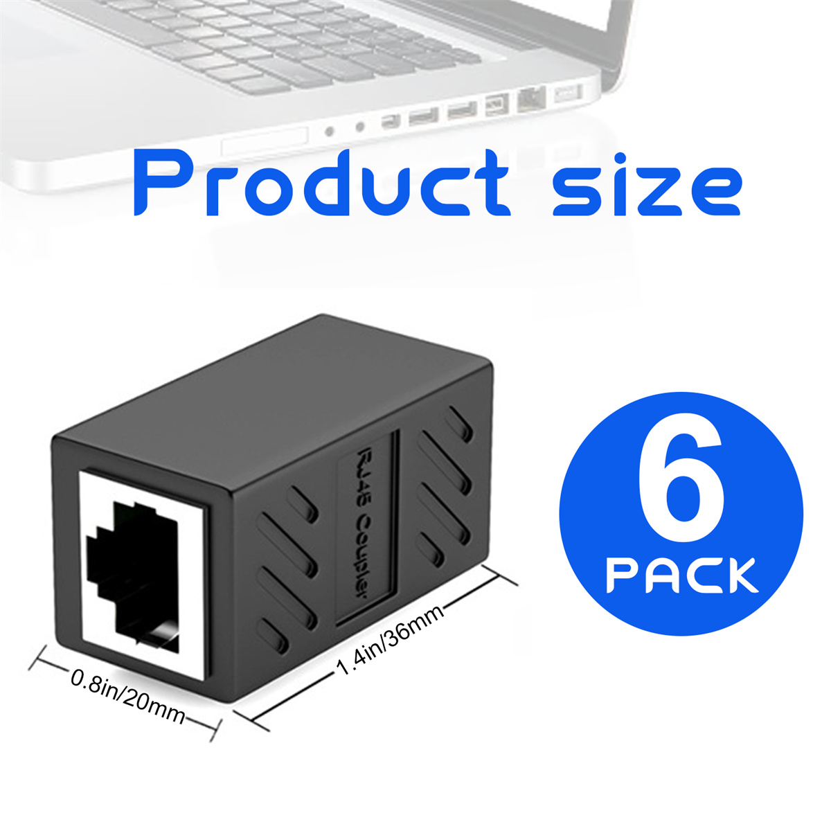 Schwarzer Netzwerkadapter mit 6er-Pack-Etikett und Produktgrößeninformationen. Es ist schwarz und quadratisch.