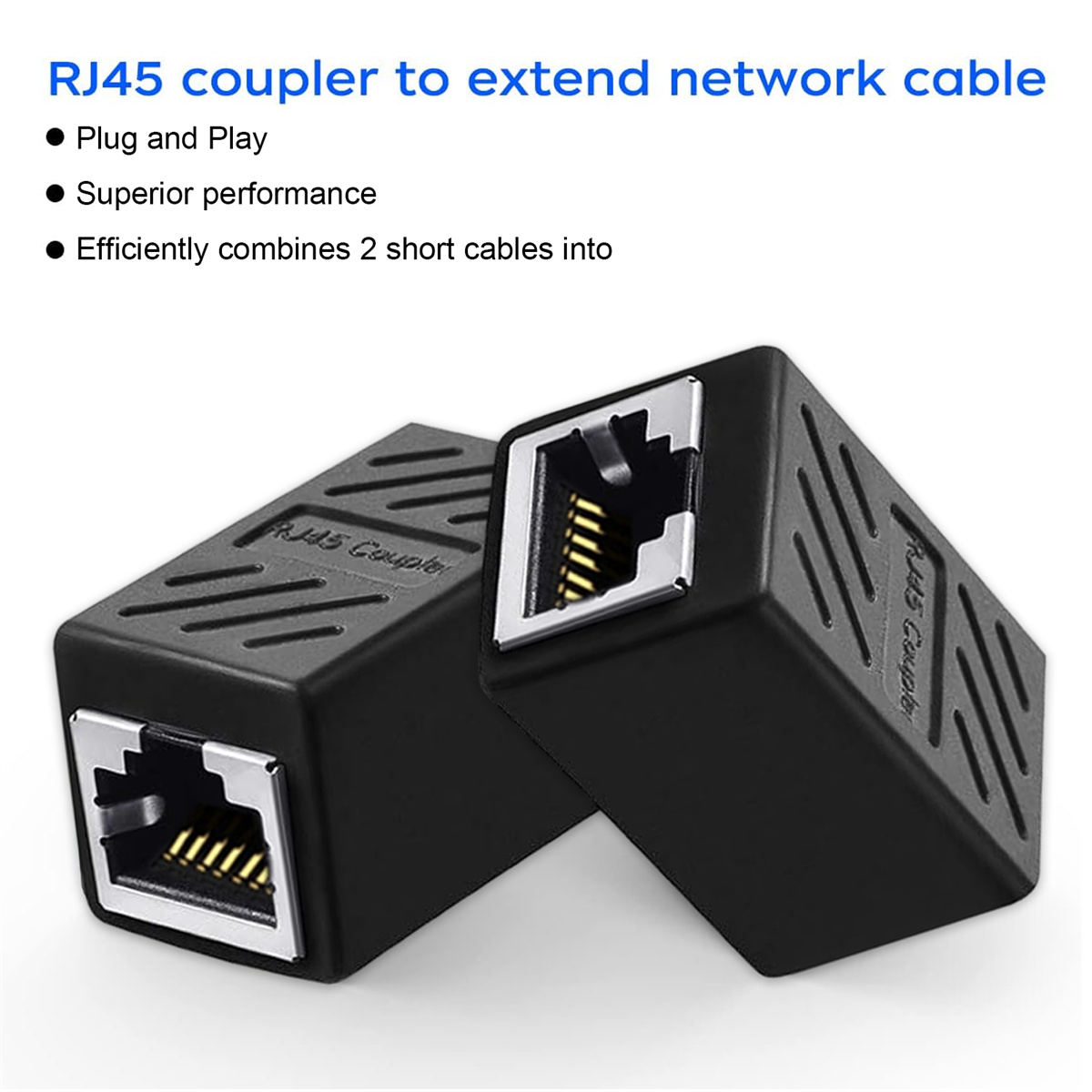 Zwei schwarze RJ45-Kupplungen. Sie sind quadratisch mit einem silbernen RJ45-Anschluss.