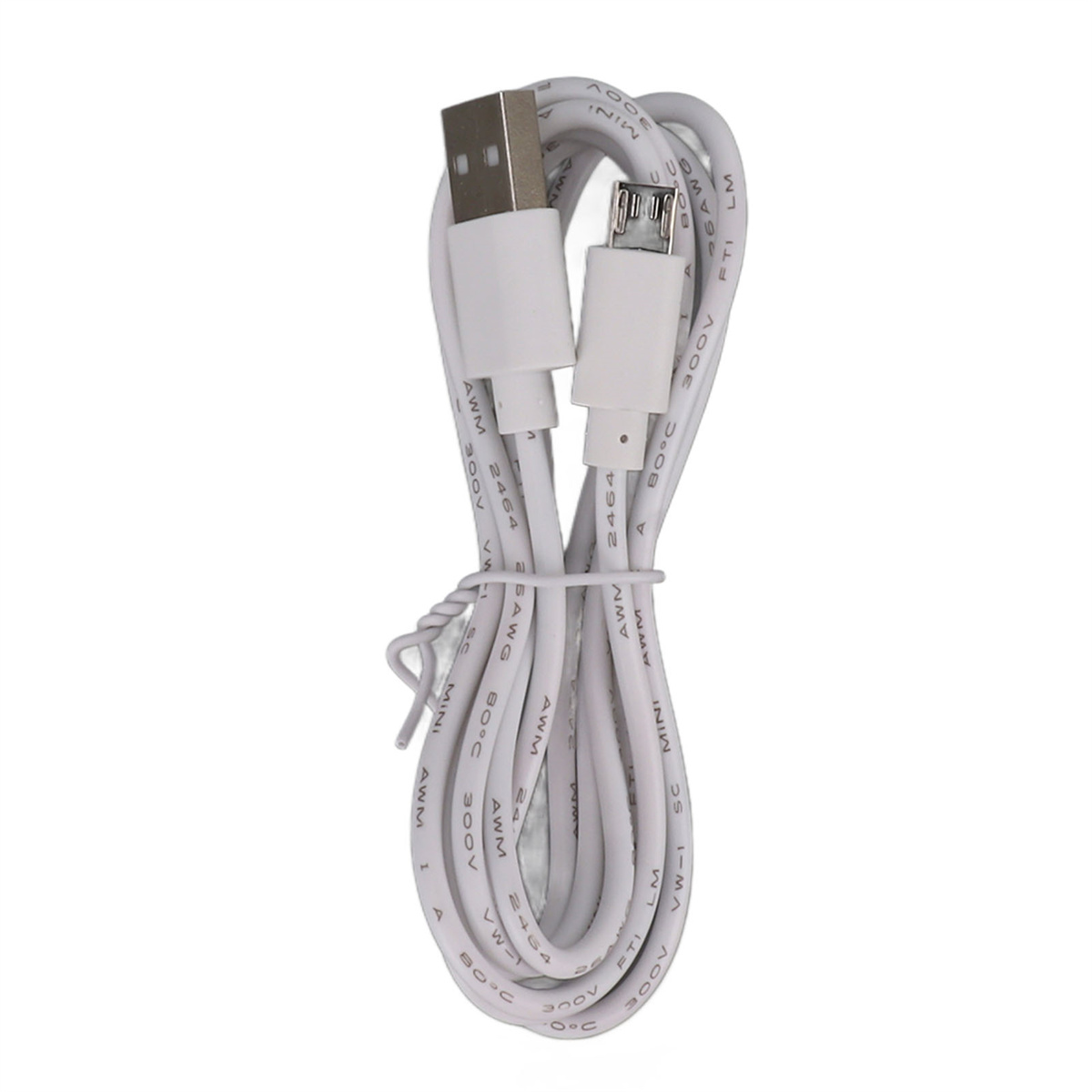 Weißes USB-zu-Micro-USB-Kabel, aufgerollt. Das Kabel hat einen USB- und einen Micro-USB-Anschluss.