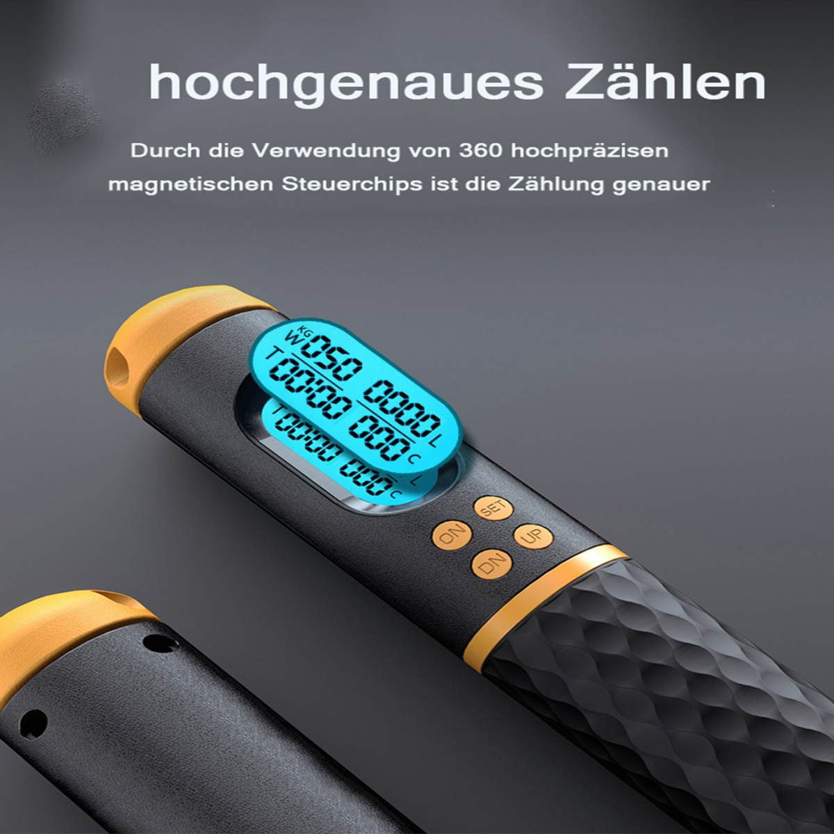 Digitales Springseil mit Display, das Zahlen anzeigt. Schwarzes und gelbes Design.