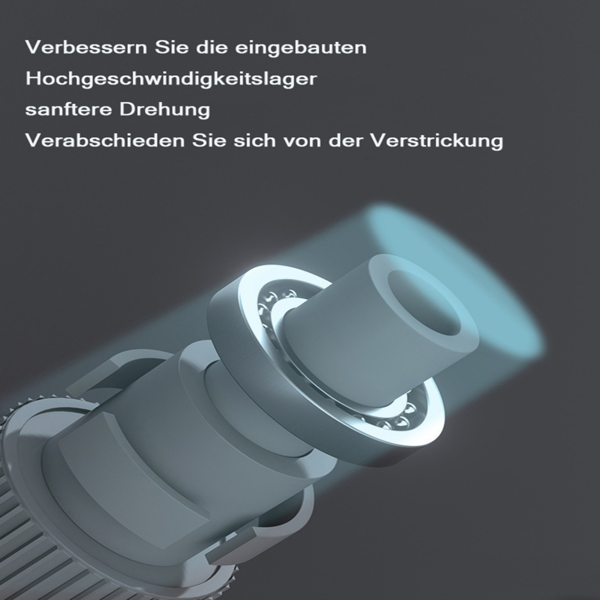 Mechanische Komponente mit Kugellagern. Graue Metallteile. Text auf Deutsch, dunkler Hintergrund.