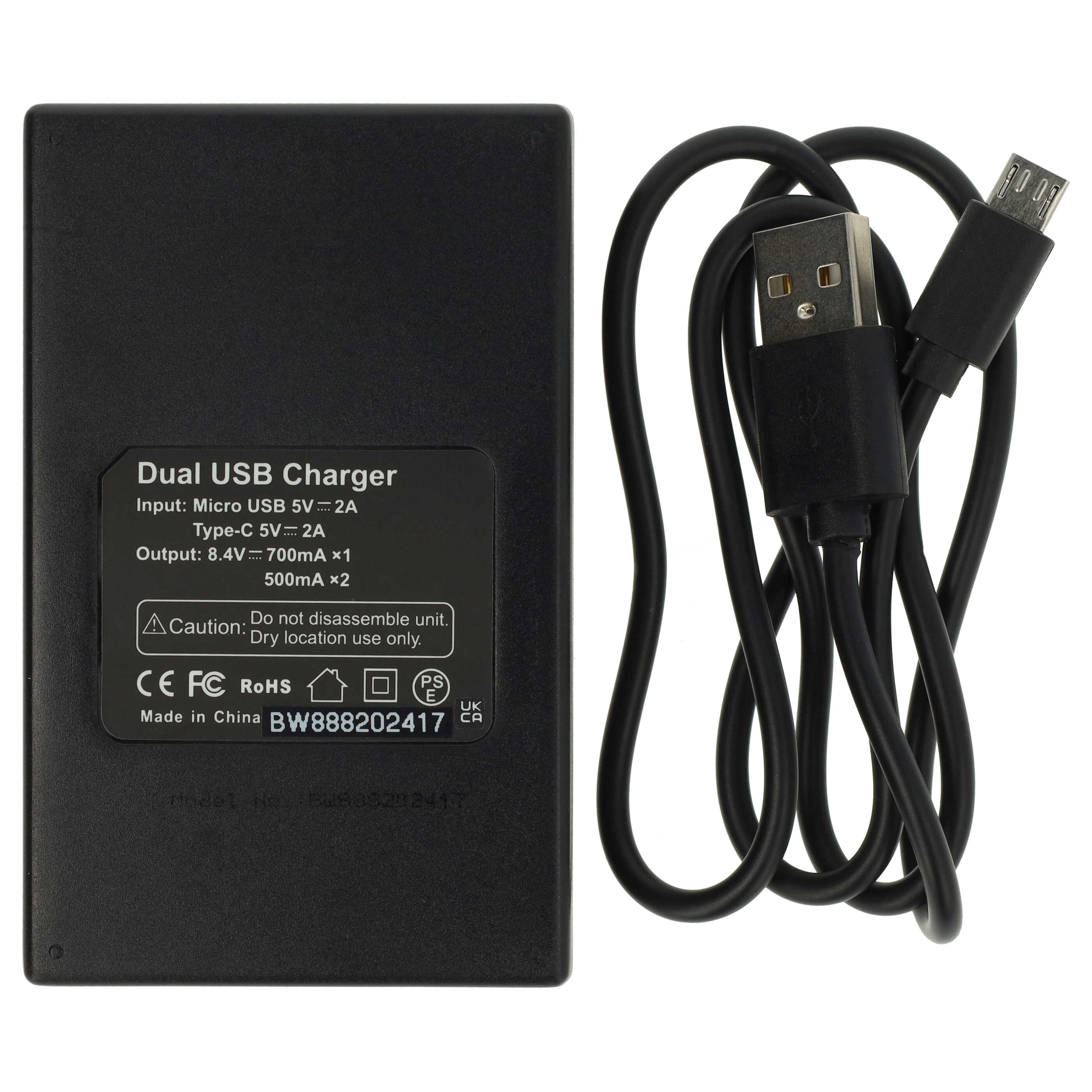 Schwarzes Dual-USB-Ladegerät und USB-Kabel auf weißem Grund.
